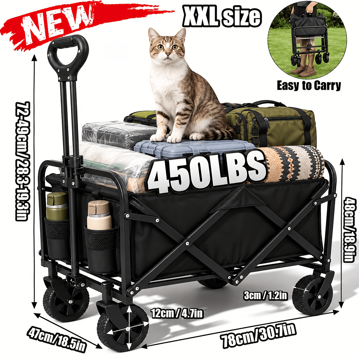 TEMU Foldable Utility Wagon Cart With All Terrain Wheels And Drink Holder, Load Capacity 220 Lbs/330lbs/350lbs/450lbs Large Capacity Collapsible