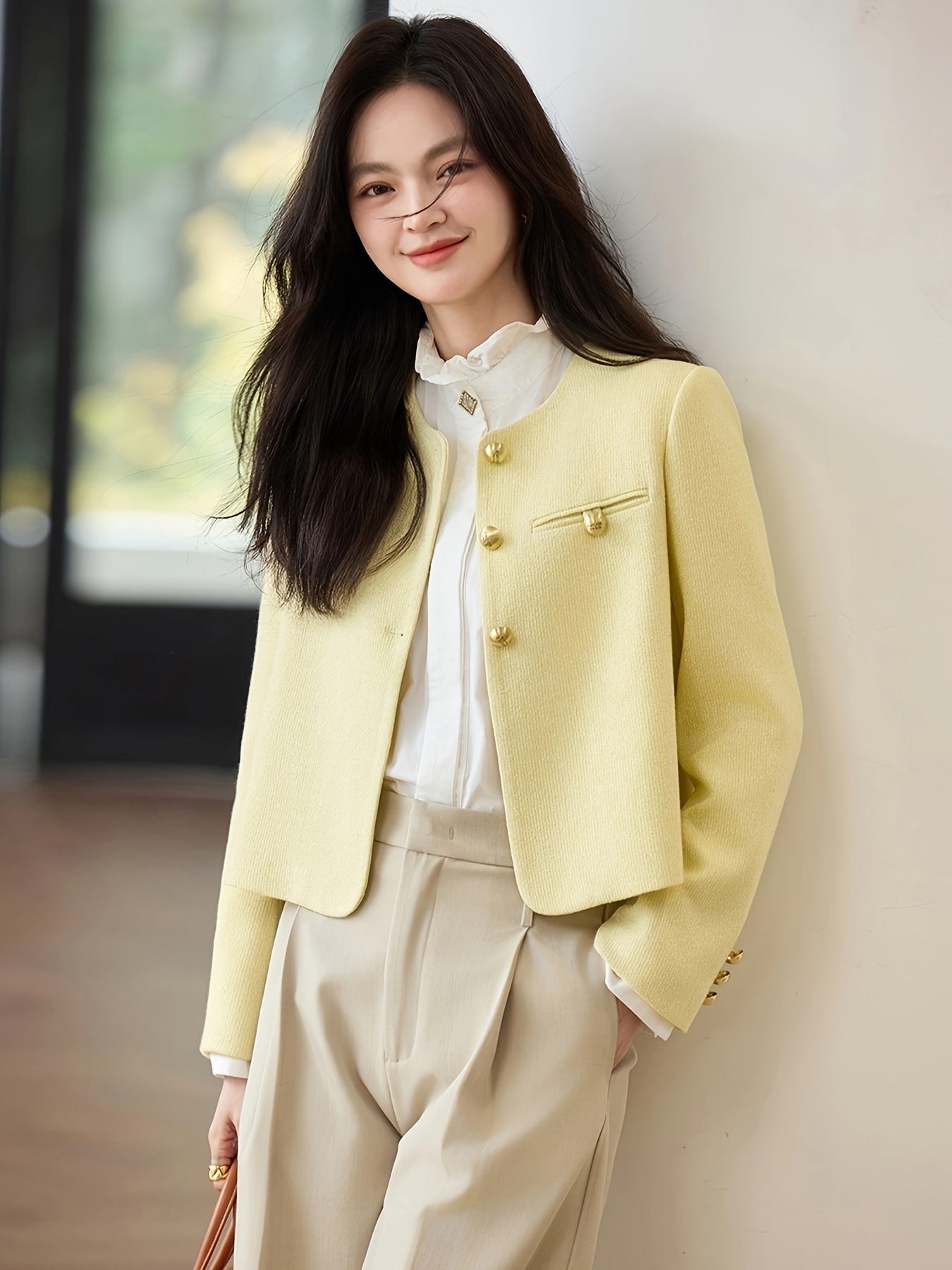 womens chic short jacket versatile long sleeve solid color Temu