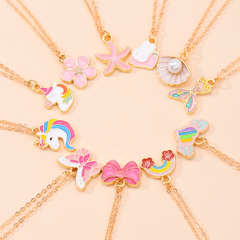 Image of 11pcs/6pcs Alloy Necklaces With Styles Such As Floral, Small Animal, And Ocean Themes, Allowing For Flexible Matching And Game
