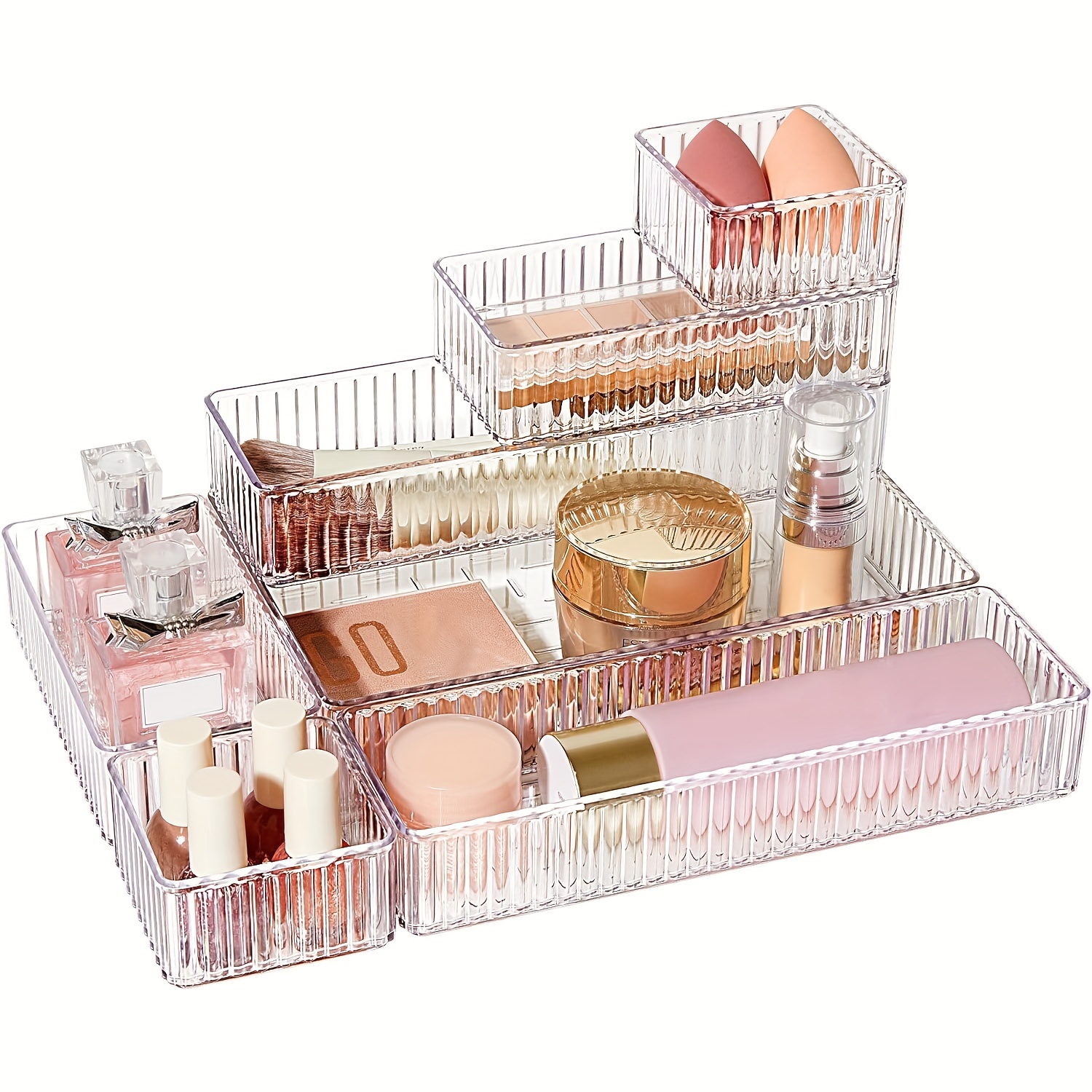 

7-piece Clear Acrylic Drawer Organizer Set - Stackable Storage Trays In 4 Sizes For Makeup, Dresser, Bathroom, Office Supplies & Kitchen Gadgets Drawer Organizer Trays Desk Drawer Organizer Tray