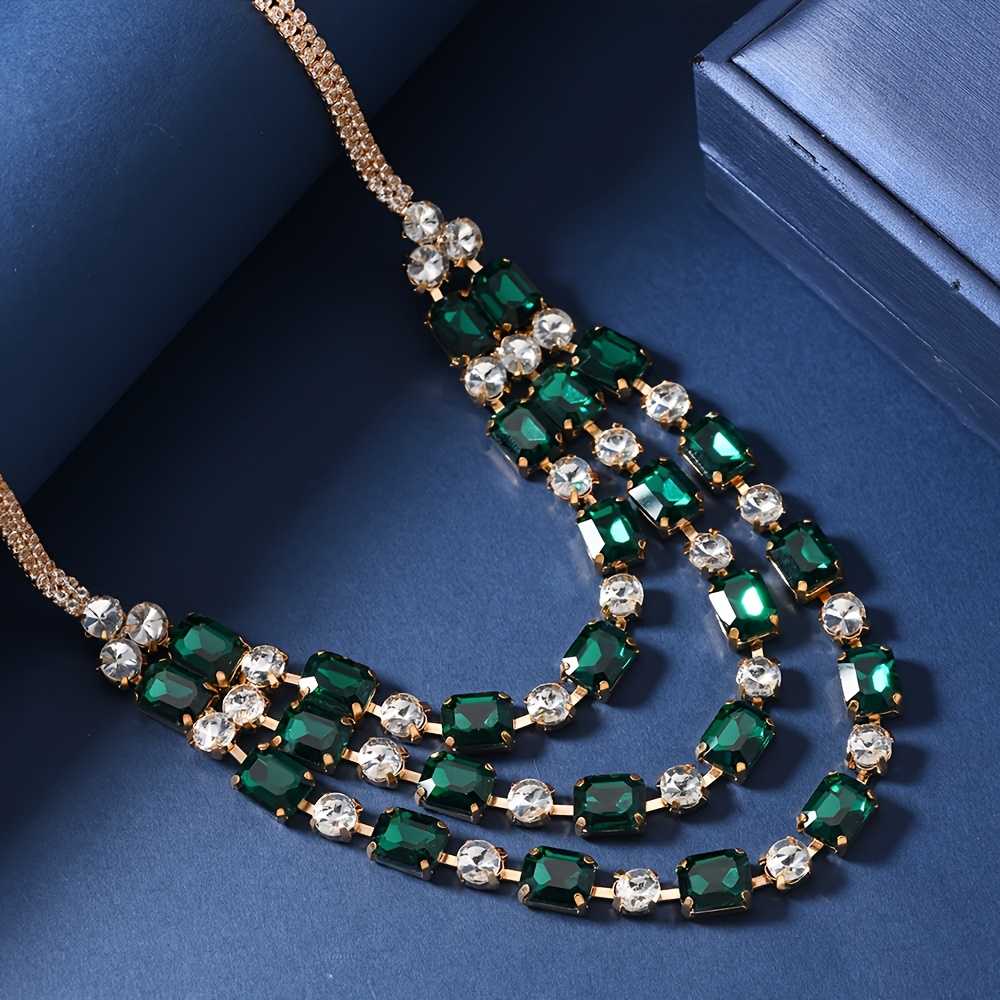 TEMU 1 Classic Vintage Fashion Green Glass Square Tassel Necklace For Women, For Daily, Banquet, And Formal Dress Wear
