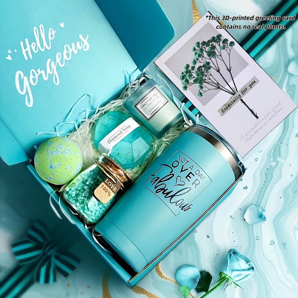 Elegant Teal Spa Gift Set - Bath Gift Set for Women, Includes Bath Bombs, Bath Salts, Insulated Mug, Scented Candle, Postcard, Soap. Perfect Gift for Birthdays, Valentine's Day, Thanksgiving, Christmas, New Year's, Anniversaries, and Easter Baskets
