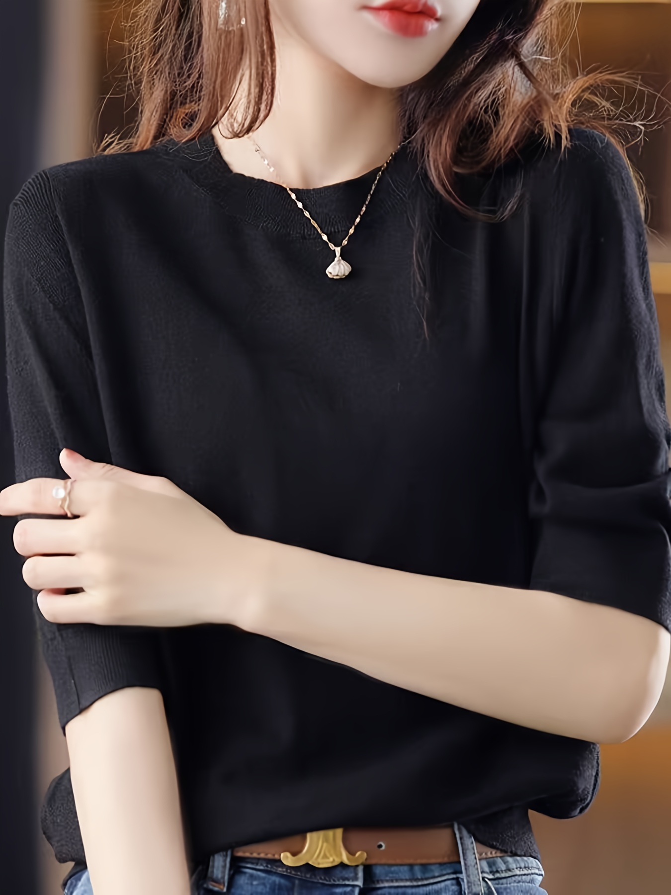 Women's Fine-Spun Round Neck Mid-Sleeve Top, New Spring/Autumn Vintage Elegant Top, Five-Part Sleeve Base Layer Shirt