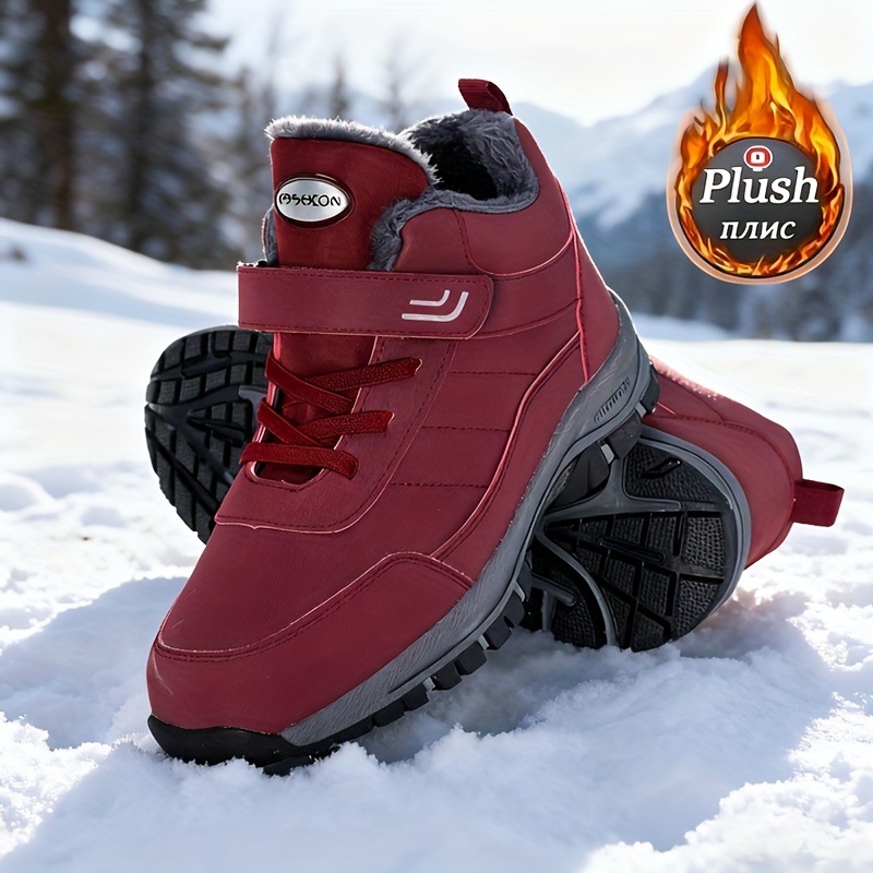 TEMU Women's Snow Boots-gray/red/black, Pu Cover Upper With Fleece Lining, Non-slip Rubber Sole, Lace- For Outdoor Winter Footwear, Winter Boots Faux