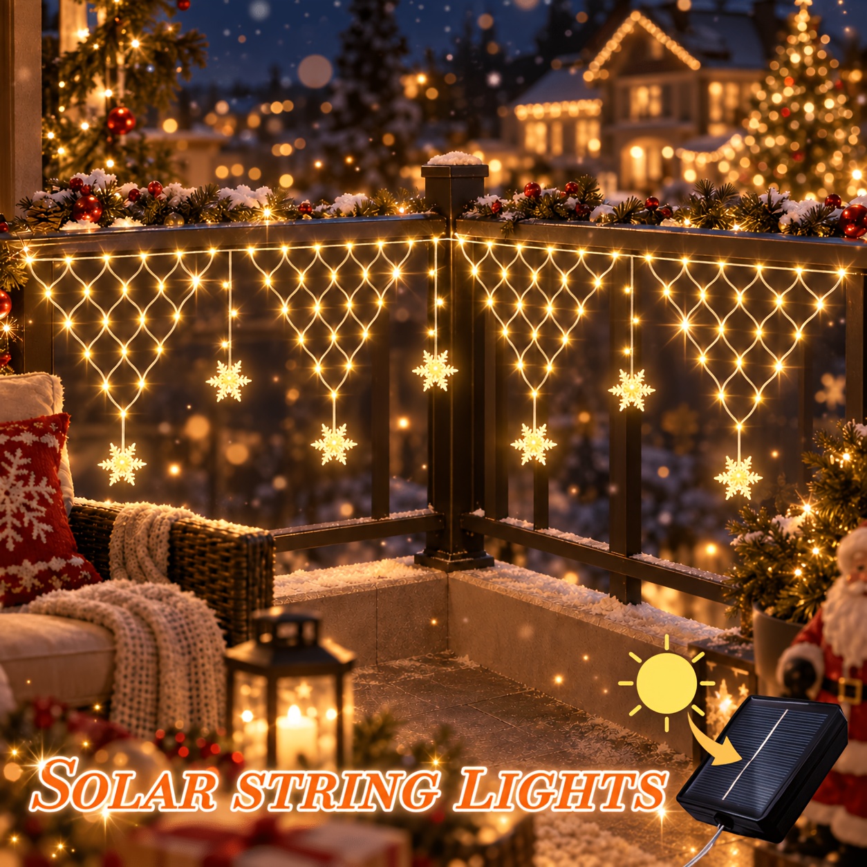 TEMU Solar-powered Led Snowflake Pendant String Lights, Triangular Mesh Design, Outdoor Light Strip, 8 -ideal For Patios, Gardens, Courtyards, And