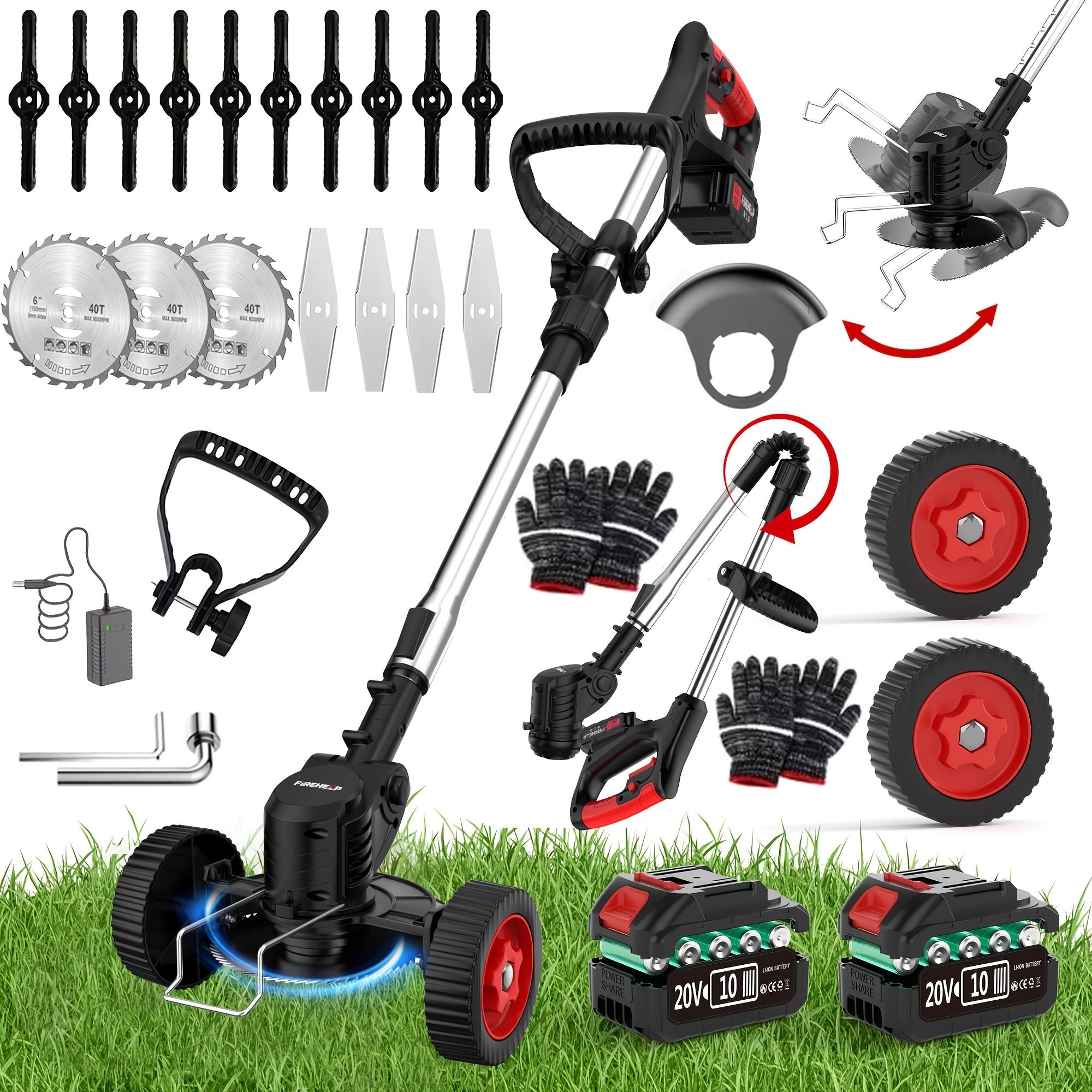 TEMU Portable Cordless Electric Lawn Mower, 3-in-1 Trimmer Edger Shrub Cutter W/ Adjustable Height & Rotating Head 3 & 2 High-capacity Lithium