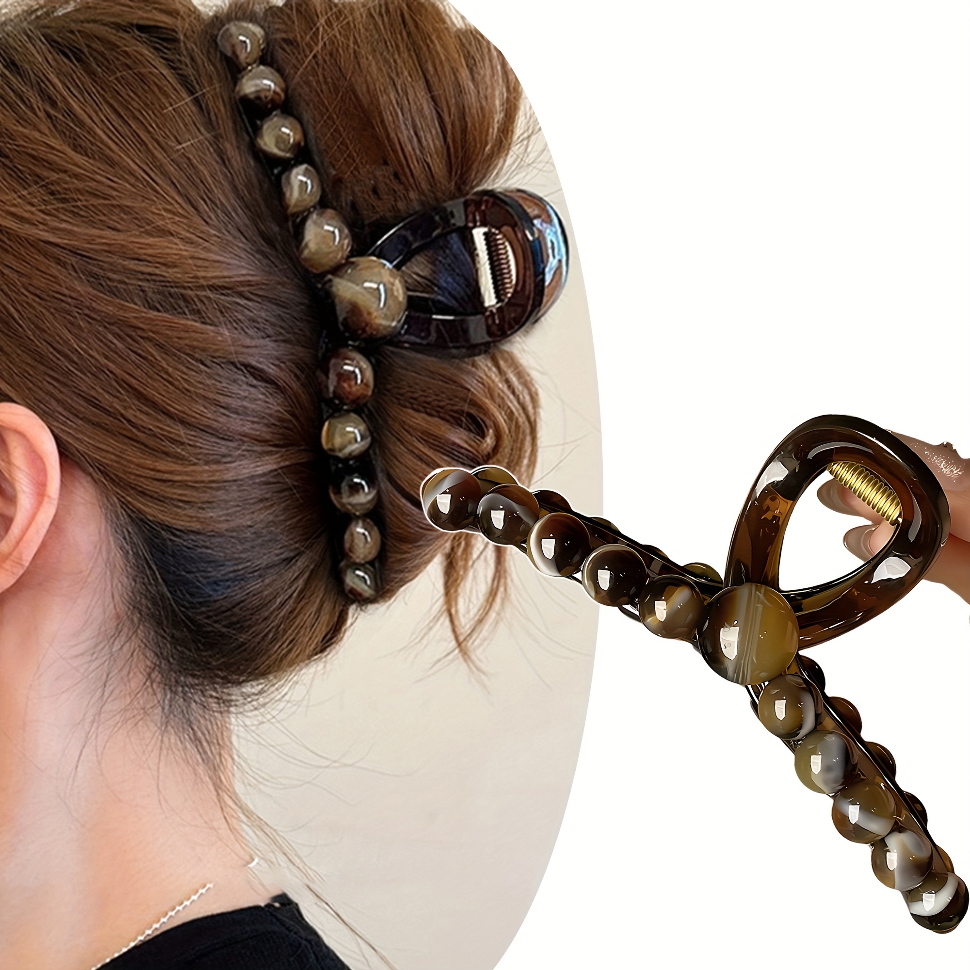 

Vintage Style Elegant Beaded Matte Plastic Hair Claw - Big Oblong Leopard Print Shark Hair Clip, Ideal For Thick And Long Hair, Perfect For Ages 14+, Gift-friendly Single Piece