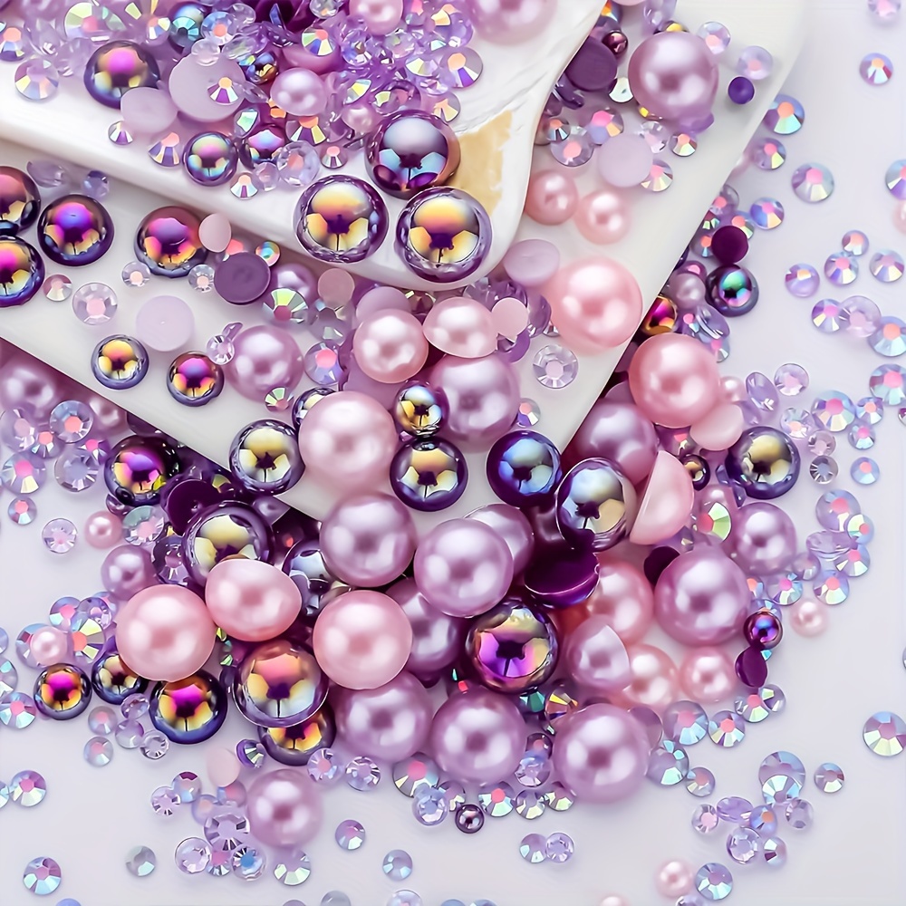 

32g Purple Semi-pearl Rhinestones, Suitable For Nail Art, 3-10mm Resin Flat Bottom Pearl Mixed Set, Suitable For Diy Crafts, Facial Art Decoration, Shoes And Clothes Purple