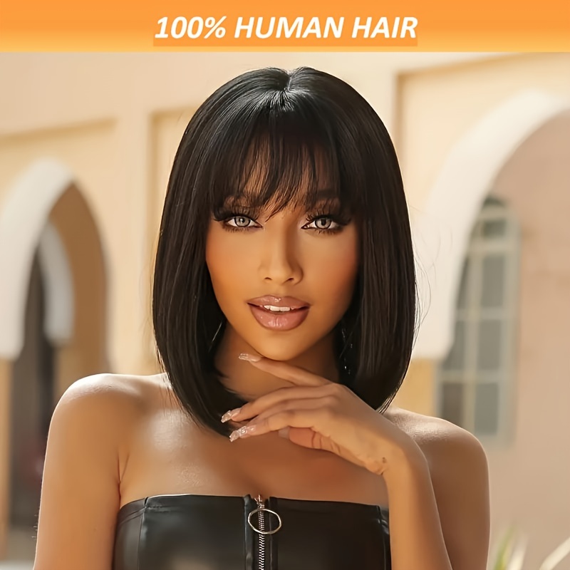 

150 Density 100% Brazilian Human Hair Lacy Full Wig, Stylish Straight Hair Style Bangs, Short Size Bangs Bob, Everyday Wear Effortless