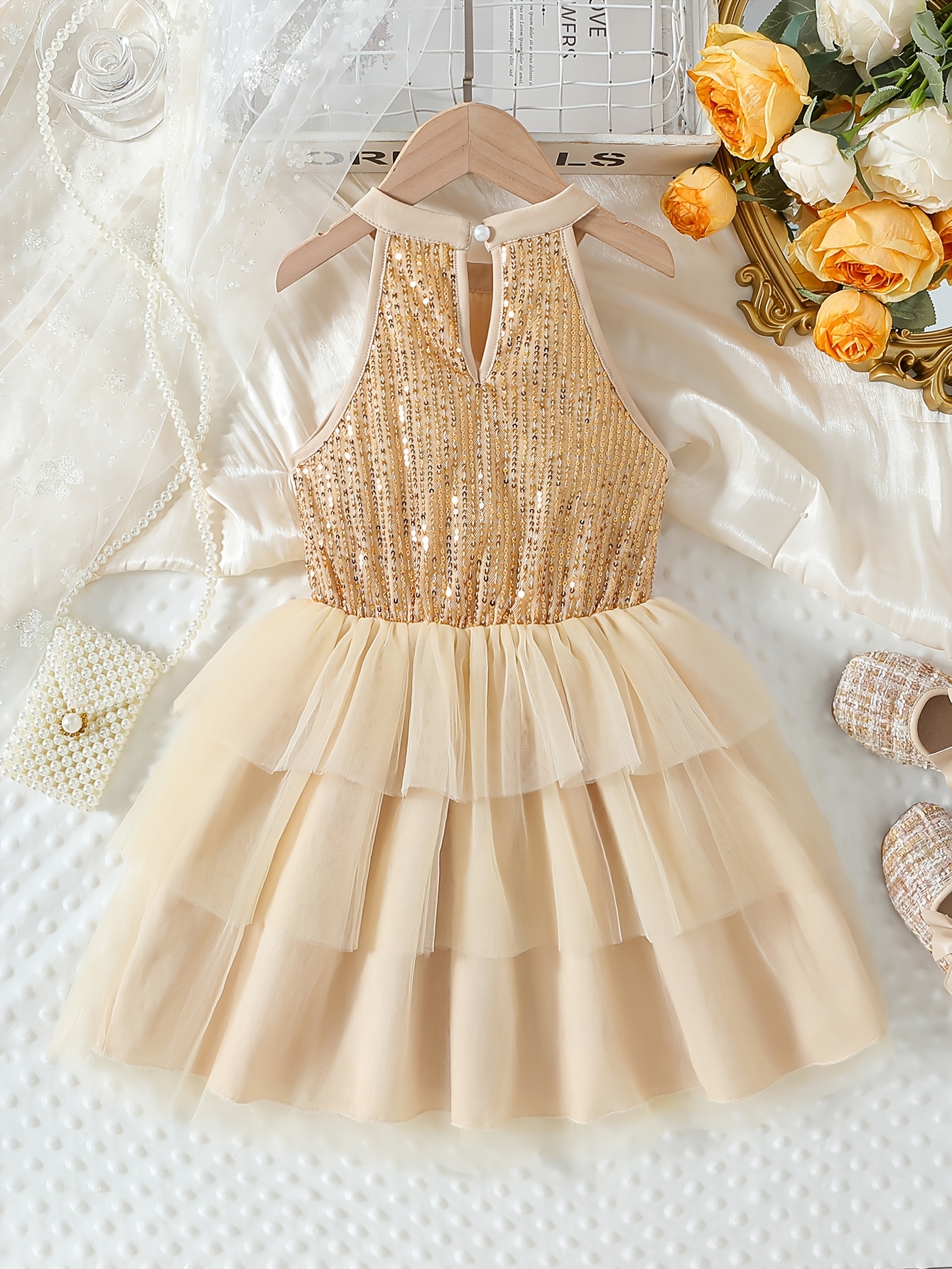 Girls' Elegant And Gorgeous Round Neck Halter Apricot Sequin Mesh New  Four-Season Dress Suitable for Daily Wear, Holiday Parties, Dances,  Banquets, ...