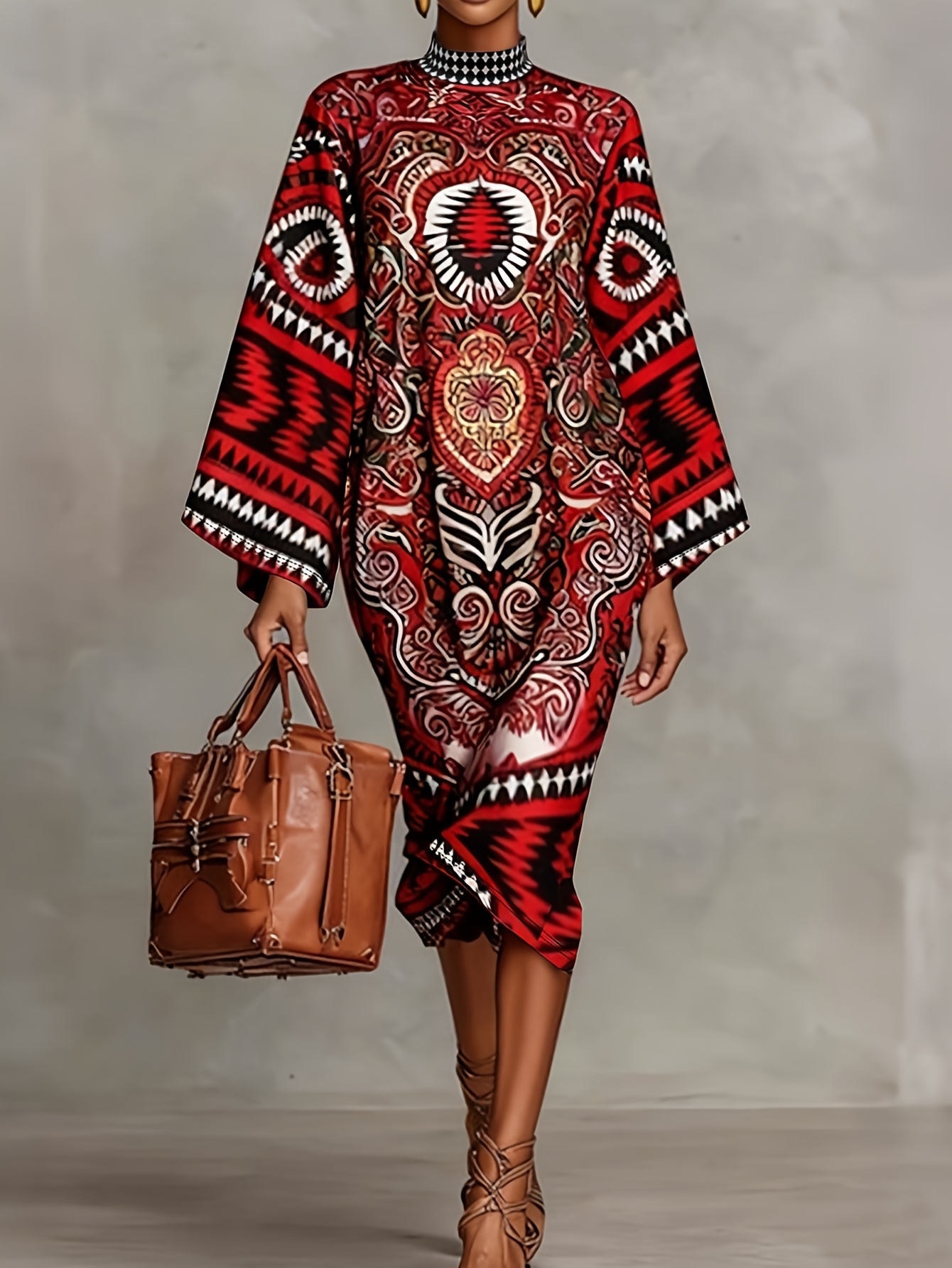 autumn winter womens fashion ethnic style printed versatile long sleeve womens clothing high neck trendy outing elegant style autumn wear dress