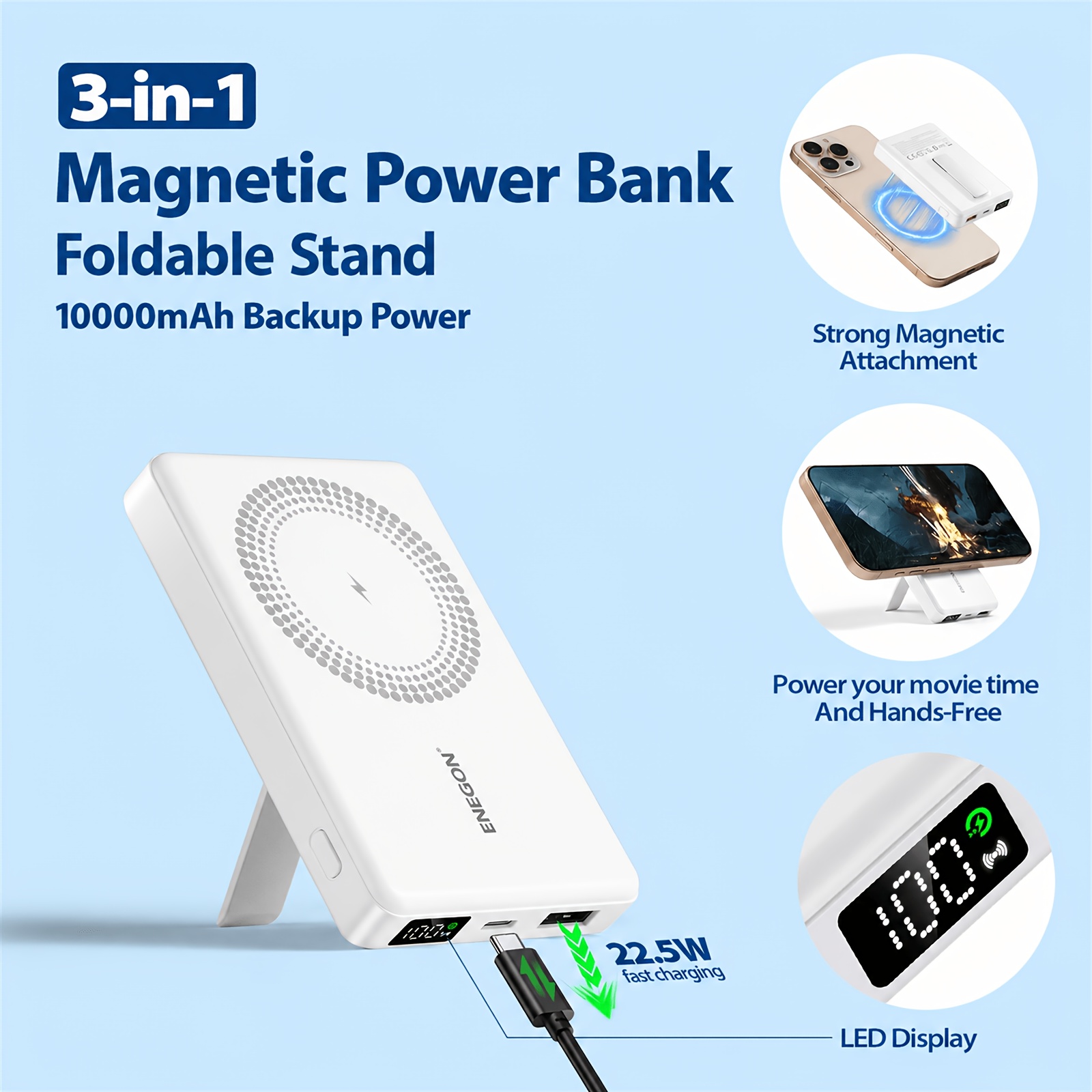 TEMU Enegon Magnetic Power Bank With Built-in Foldable Stand, 10000mah Backup Battery, 15w Wireless Charging & 22.5w Wired Fast Charging, Led Display