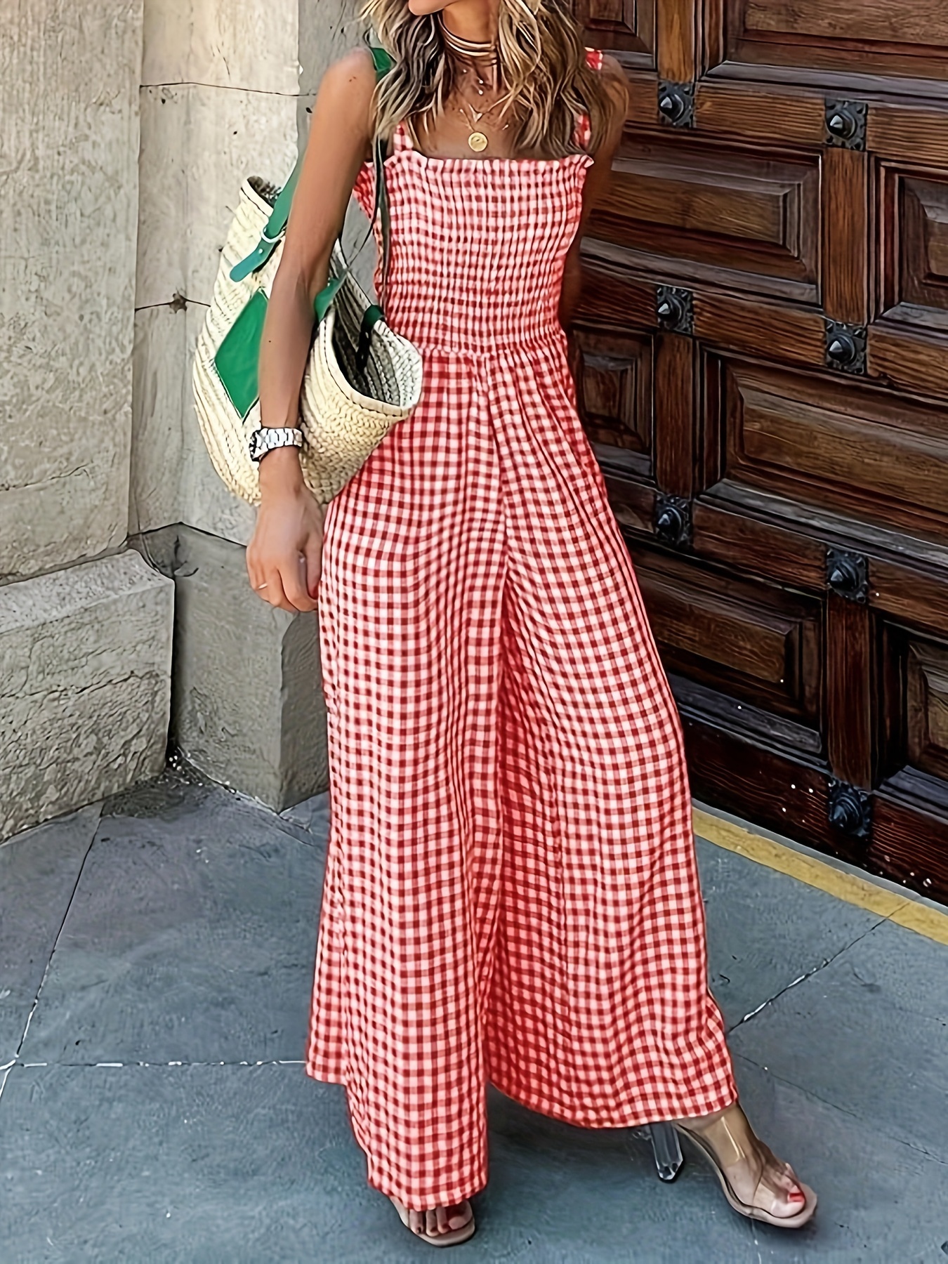 Women'S Red and White Gingham Check Overalls Casual Loose Fit with  Adjustable Straps, Shirred Waist, and Wide Legs Outfit Gingham  Check