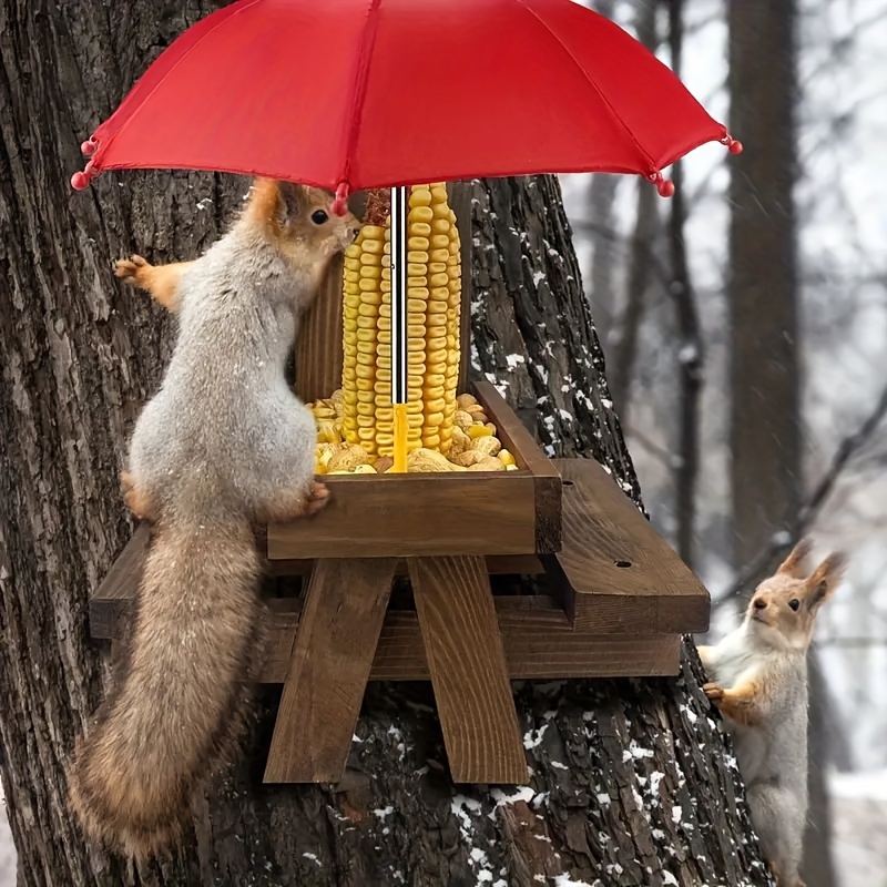 

Wooden Squirrel Feeder With Corn Cob Holder - Automatic Hummingbird & Pet Feeding Station, No Battery Needed