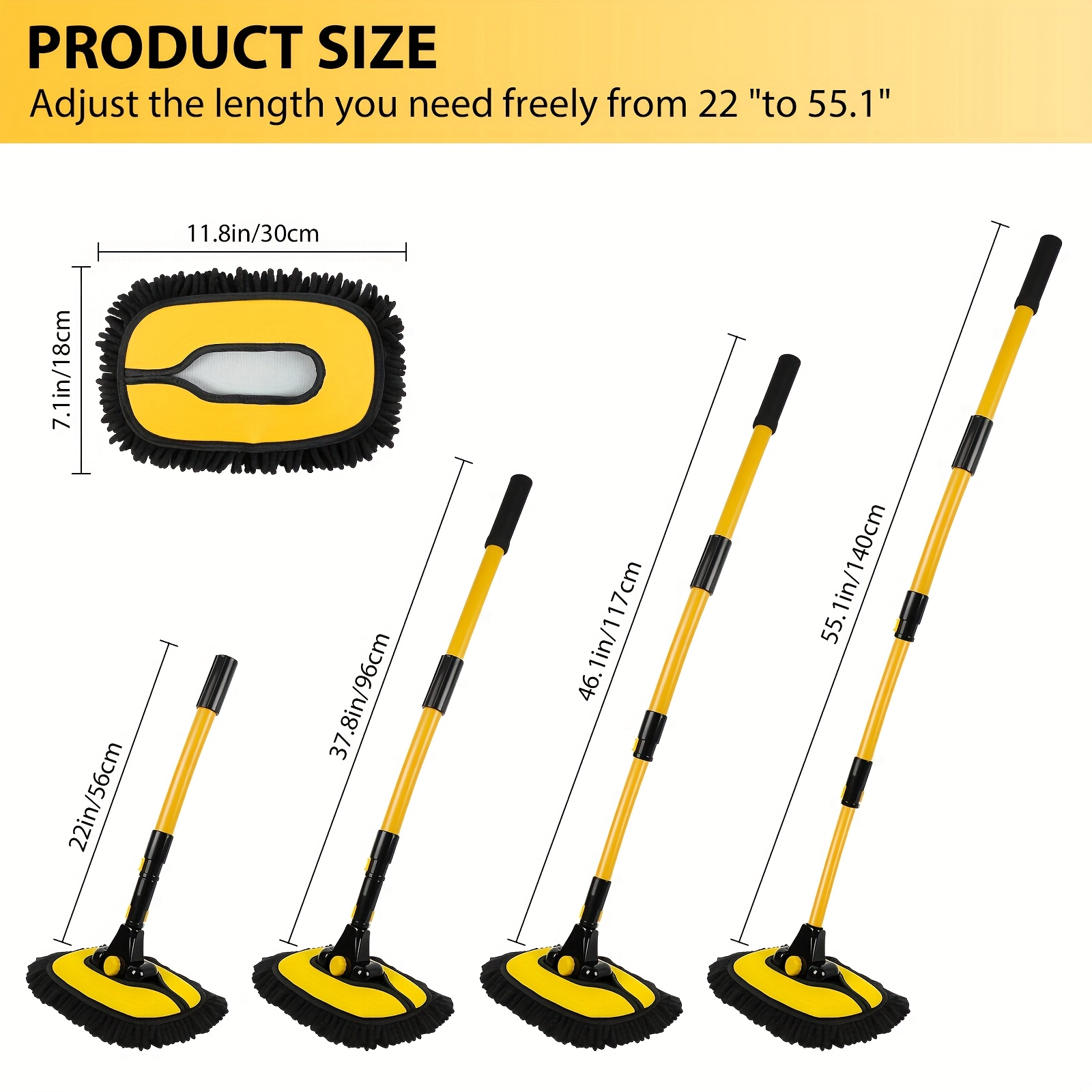 TEMU 55" Car Wash Brush With Long Handle, 15Â° Curved Extendable Car Cleaning Brush With Replaceable Microfiber Mop Head, Portable Washing Brush Kit