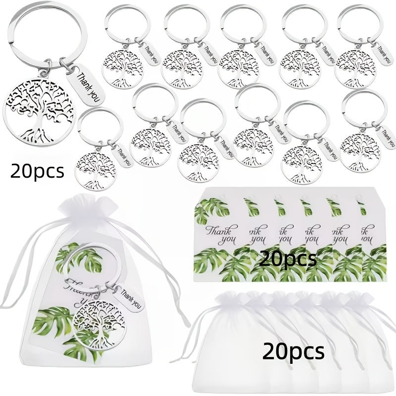 TEMU 60pcs 20-set Tree Of Life Keychain Set, Includes Thank You Cards And Hollow-out Metal Keychains, Packaged In White Organza Bags, Suitable For