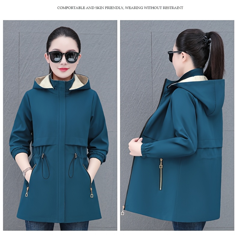 Chaqueta de viento con capucha de longitud media para mujer, con cordón en la cintura, bolsillos con cremallera y correa extraíble. Teal, ropa exterior de manga larga con cremallera para atuendo casual, chaqueta para todas las estaciones. Chaqueta de viento teal elegante. Bolsillo funcional.