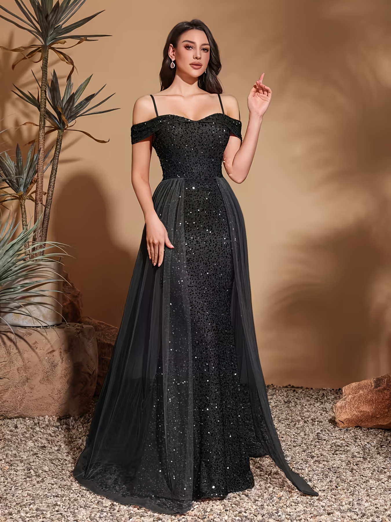 stijlvolle off shoulder paillettenjurk met tule rok zwart Temu