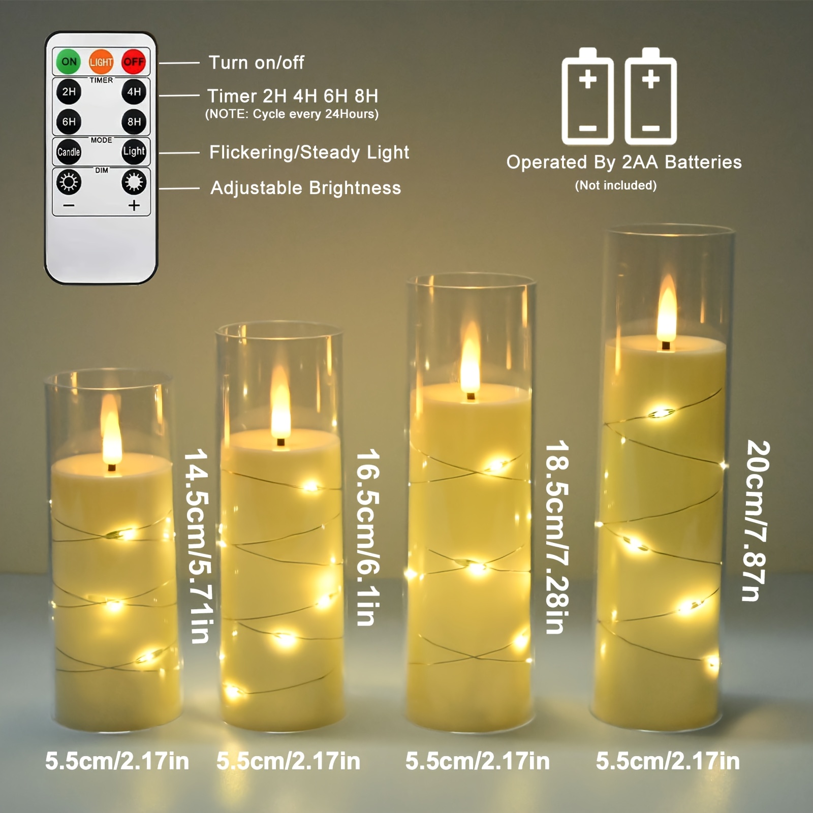 8 Stuks Flikkerende Vlamloze LED Kaarsen met Ingebouwde Feeënlichtsnoer,