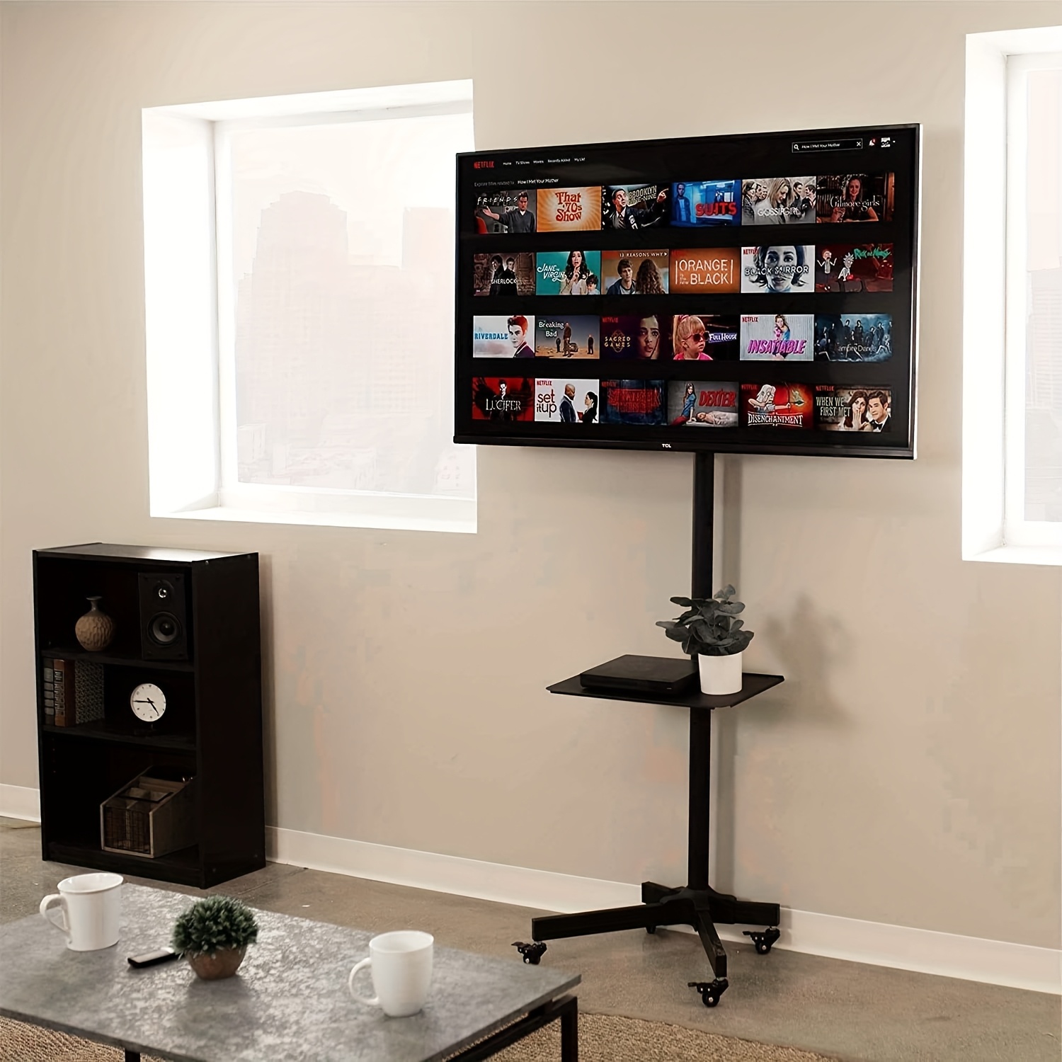 Adjustable Height TV Stand for 81.28-177.8 cm TVs with Lockable Wheels - Heavy-Duty 49.9 KG Capacity, Removable Shelf, Punch- , VESA Mount, Metal Rolling Cart for Living   Office (Black), Portable Tv Stand, Sturdy Iron Construction, Spacesaving Furniture,   Capacity, Apartment Furniture