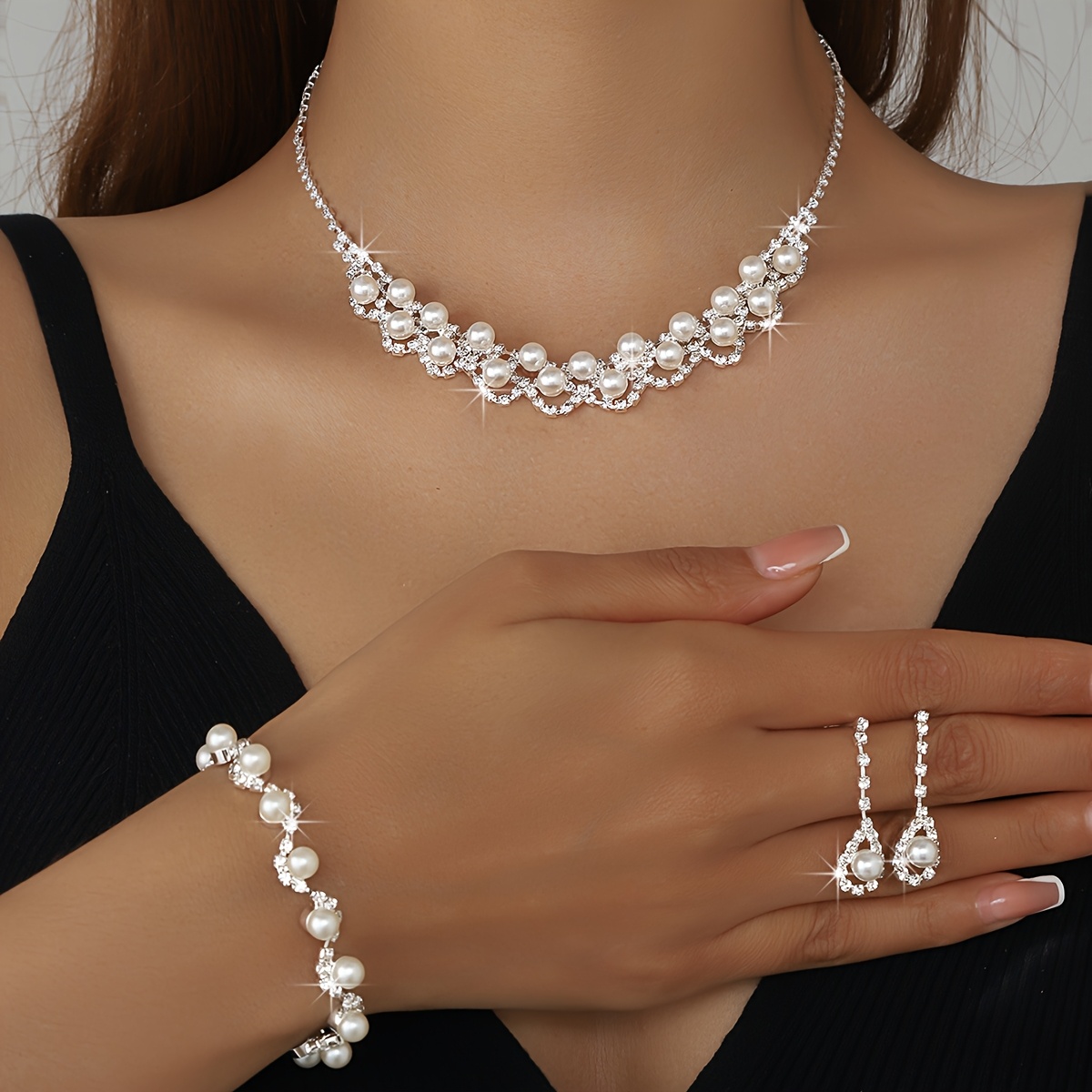 TEMU Lujoso, Exquisito, Elegante, Juego de de collar, pulsera y aretes de de perlas de de , Joyería para banquete de