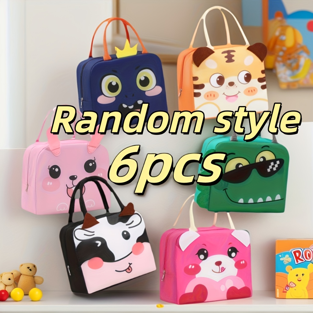 Image of 6pcs Set Of Portable Bento Bags, Random Styles, Cute Patterned Lunch Bags, Convenient Tote Bags, Insulated Lunch Box Bags, Non-food Contact, Suitable For Work. -eating, Non-food Contact