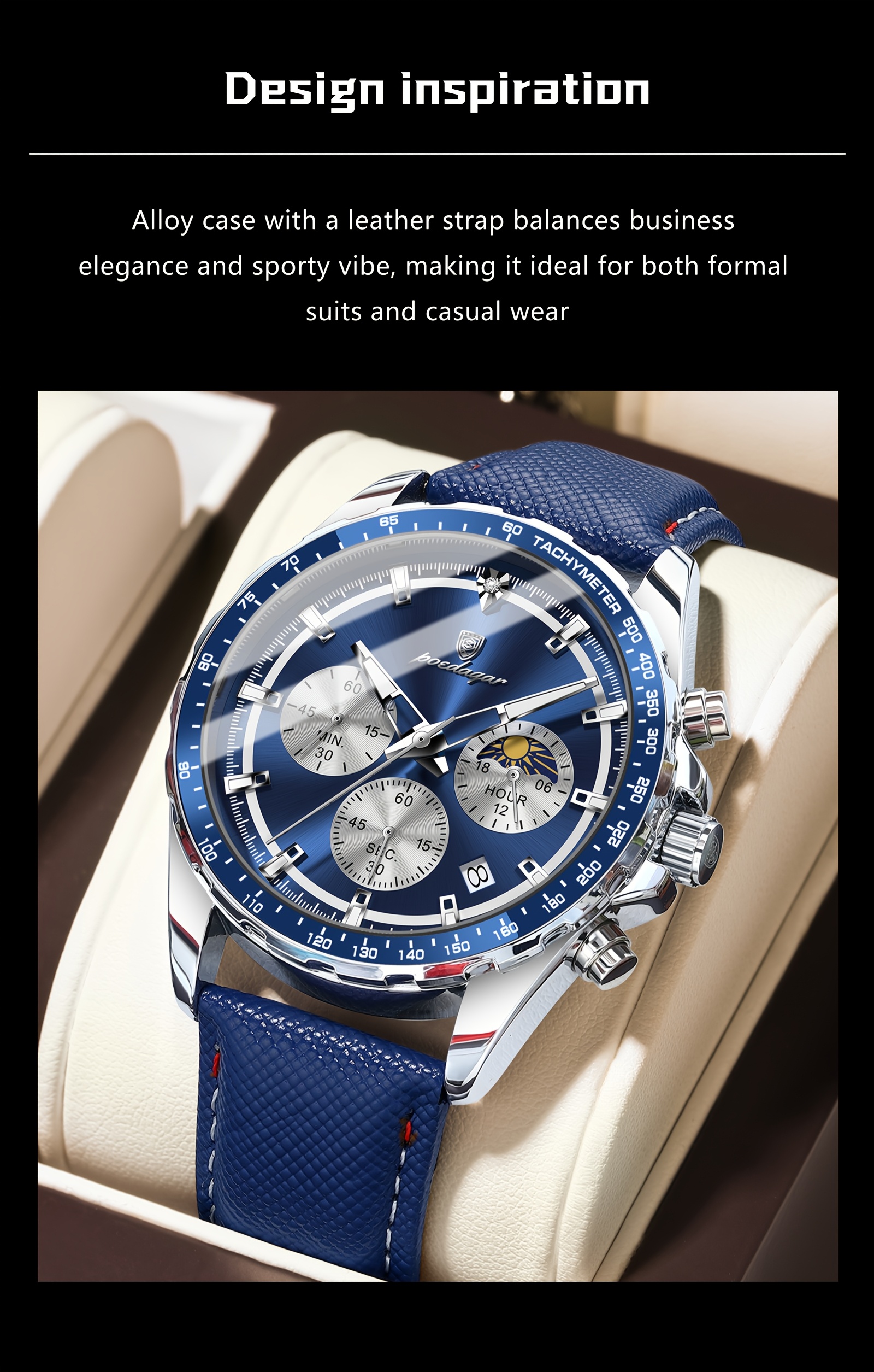 Luxury Leather Waterproof Men'S Watch | Casual Style, Color, 3ATM Water Resistance, Quartz Movement, Non-rechargeable Battery, POEDAGAR Brand