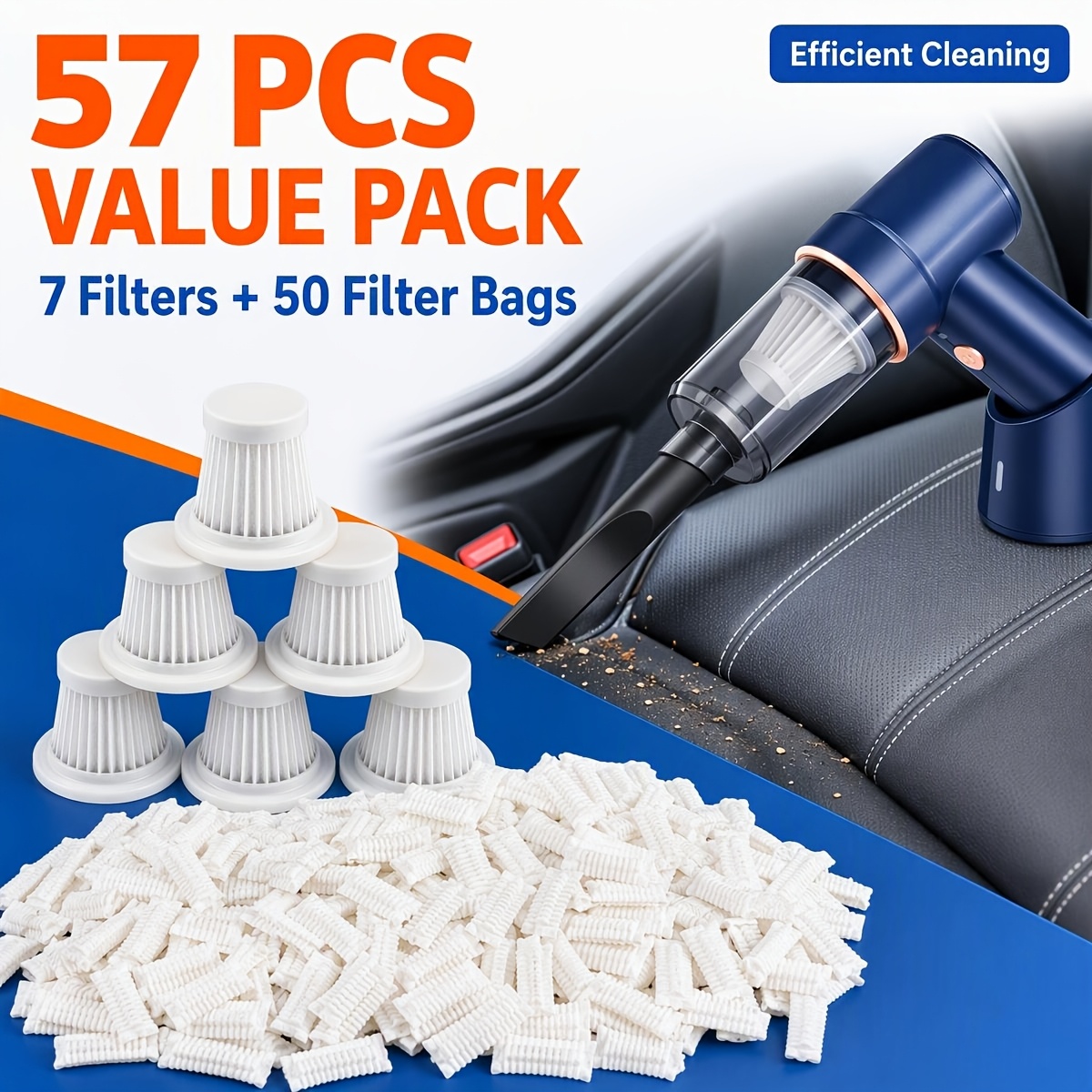 TEMU 57pcs (7 Filters + 50 Filter Bags) Washable Replacement Filters Compatible For Handheld Vacuum Cleaners, Cordless Car Vacuums & Portable Vacuum