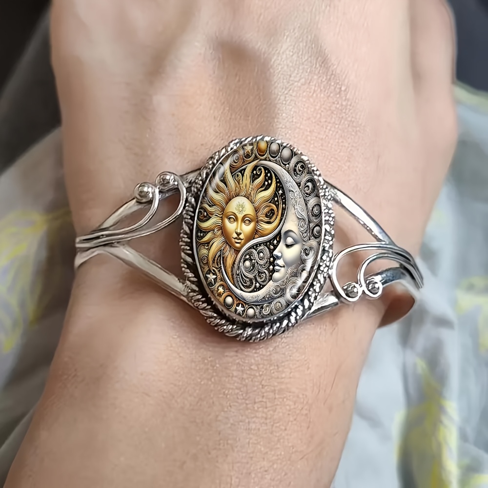 TEMU Women's Oval Bracelet With Sun And Moon , Yin And Yang, Featuring A Curved And Carved Design, Elegant Style, Suitable For Casual Attire And As A