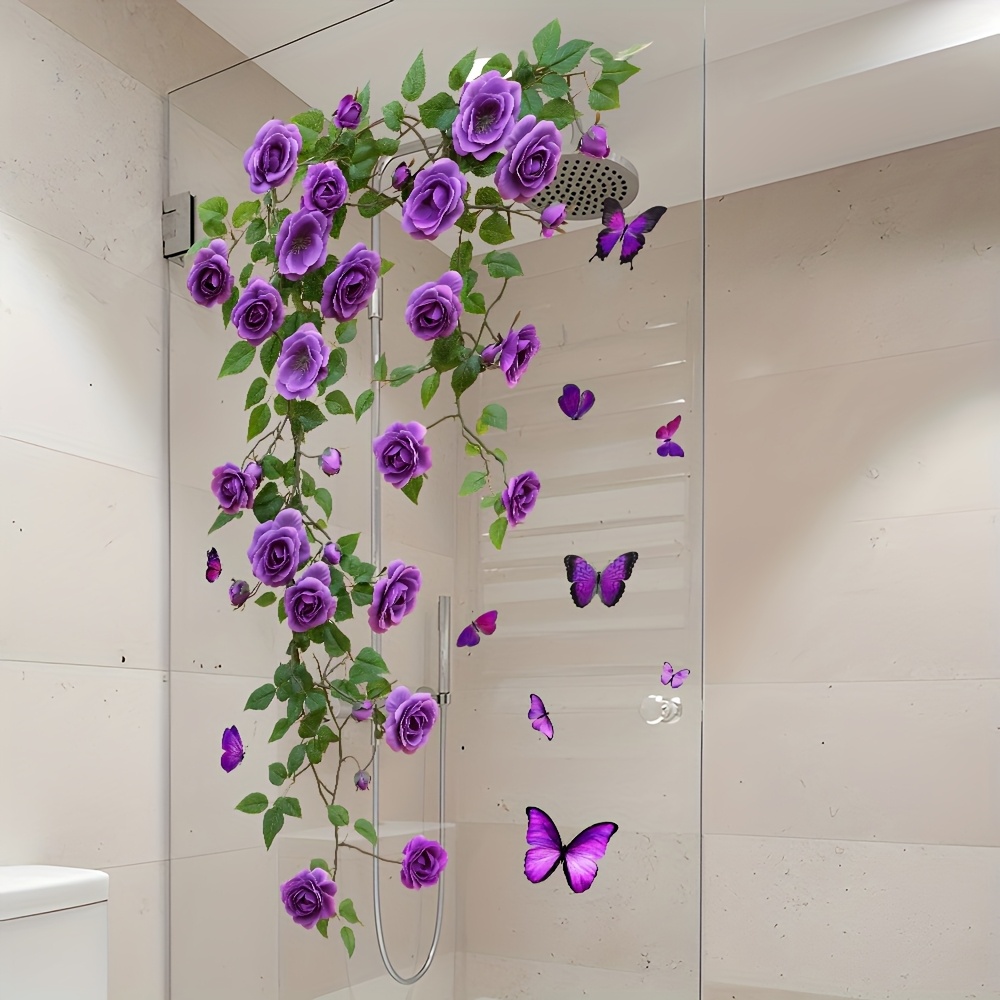 TEMU Purple Rose Bathroom Glass Sticker, Self-adhesive High Quality Shower Decal, Creative Floral Wall Sticker For Bathroom Decor