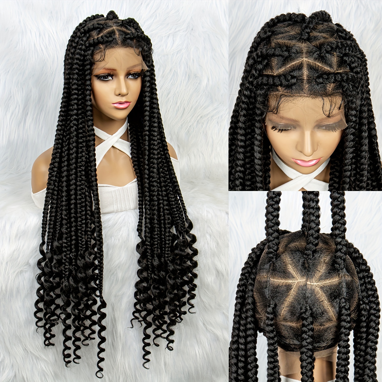 elegant full lace knotless box braided wig curly ends 34 - Temu display picture 2