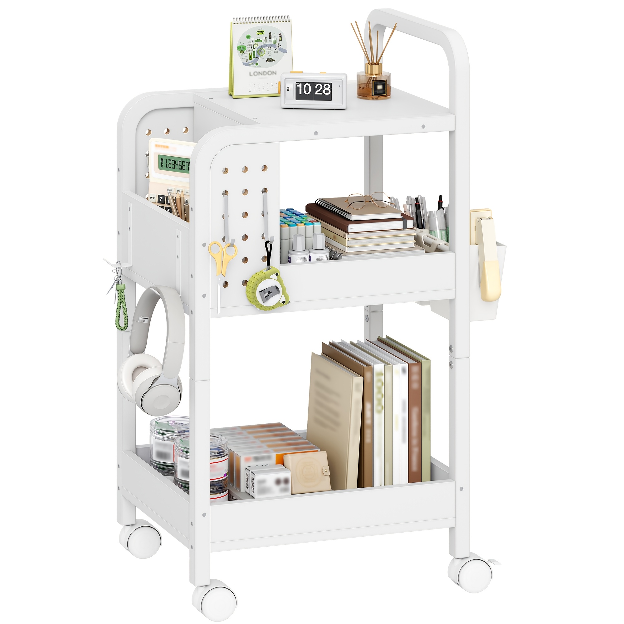 Image of Wheeled Cart, Kitchen Cart, 6 Hooks, 2 Hanging Baskets, 3-tier Shelf, , Suitable For Kitchen, Living Room, Office, And Bathroom, Dimensions: 35×45×86.5cm, White