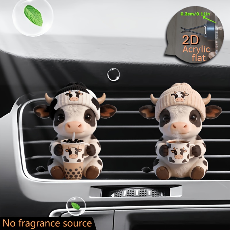 TEMU Ensemble de 2 pièces 2D plat, style vache mignonne, pour café et thé à tenir en main - Clip de décoration de voiture décoratif en acrylique plat