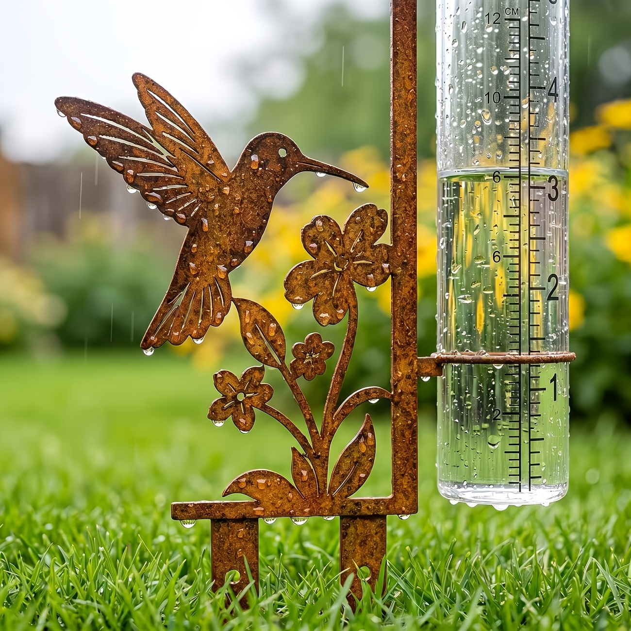 TEMU Rusty Hummingbird Pattern Outdoor Rain Gauge, Large Capacity Metal Frame Rain Gauge, Suitable For Gardens, Yards, Flower Pots, And Lawns,