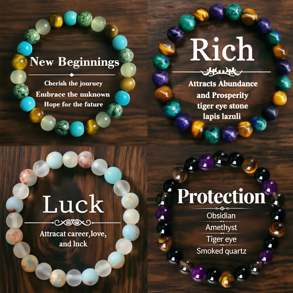 TEMU 4pcs/set Western Style Beaded Elastic Bracelets Suitable For &, & - December Birthstone, Luck Protection Stone Beads, Non-metallic Stretch Bands