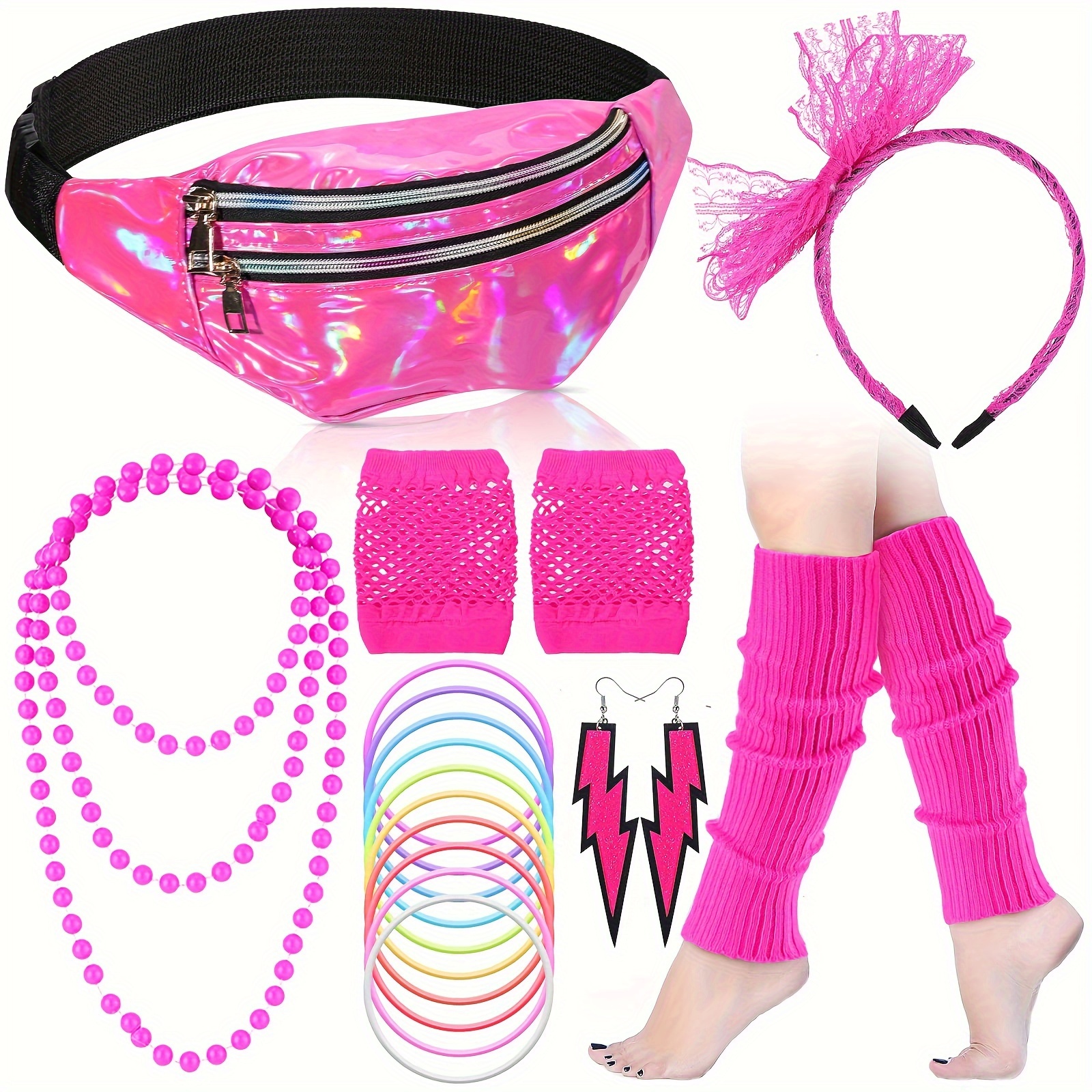 

80s Fashionable Party Outfit Set For Women, Neon Retro Theme Cosplay Costume With Fanny Pack