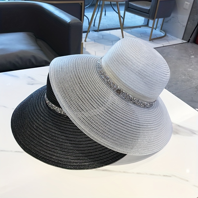 

1pc Wide Brim Sun Hat For Women, Summer Foldable Straw Hat With Silvery Bling Band, Breathable Round Top Hat For Beach Travel