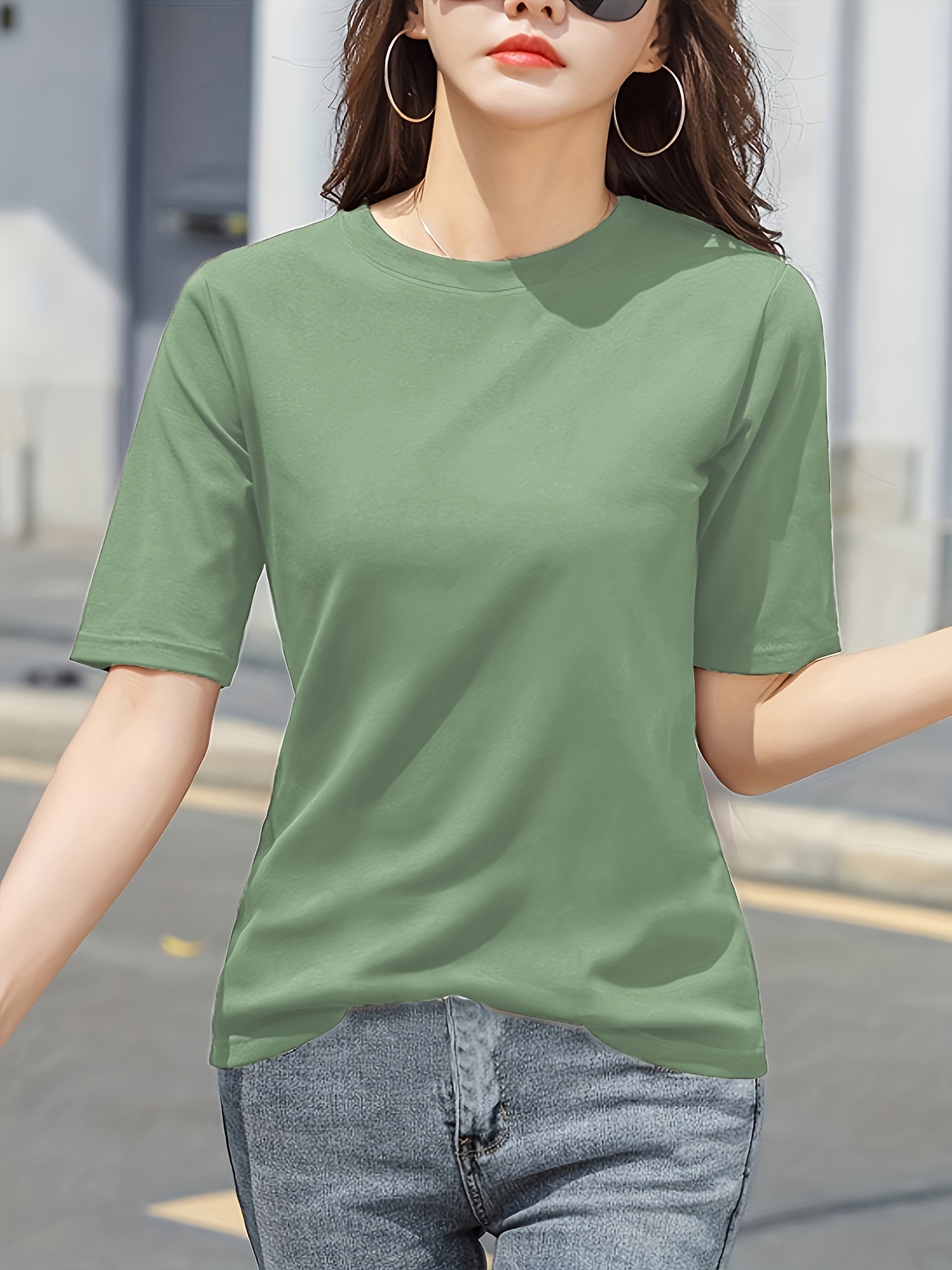 Women'S Elegant Solid Color Crew Neck T-Shirt, Short Sleeve Casual Summer Top, Lightweight Polyester Fabric, Regular Length, No Stretch, for Casual Attire
