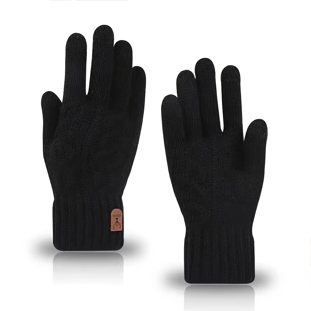 Image of 1 Pair Men's Thermal Winter Gloves - Touchscreen Compatible, Fleece-lined & Thickened Knit, 100% Acrylic, Casual Full-finger Gloves For Cycling, Driving, Cold Weather (black/grey/navy)