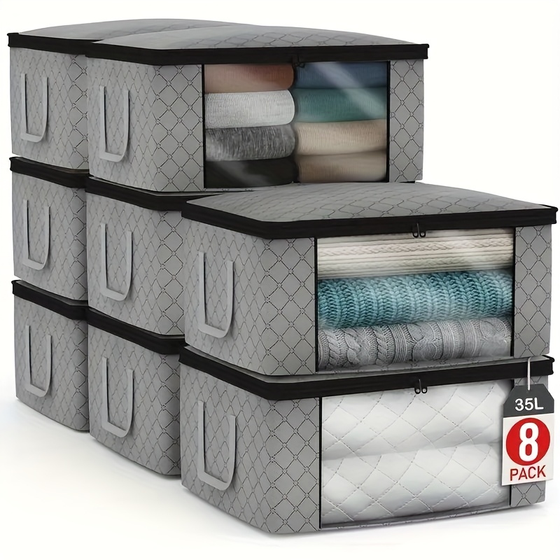 E-shop 8er-Pack 35L faltbare Decken-Aufbewahrungsbeutel mit Sichtfenster, Deckel Griffen – Schnellverschluss-Reißverschluss, strapazierfähiges Textil