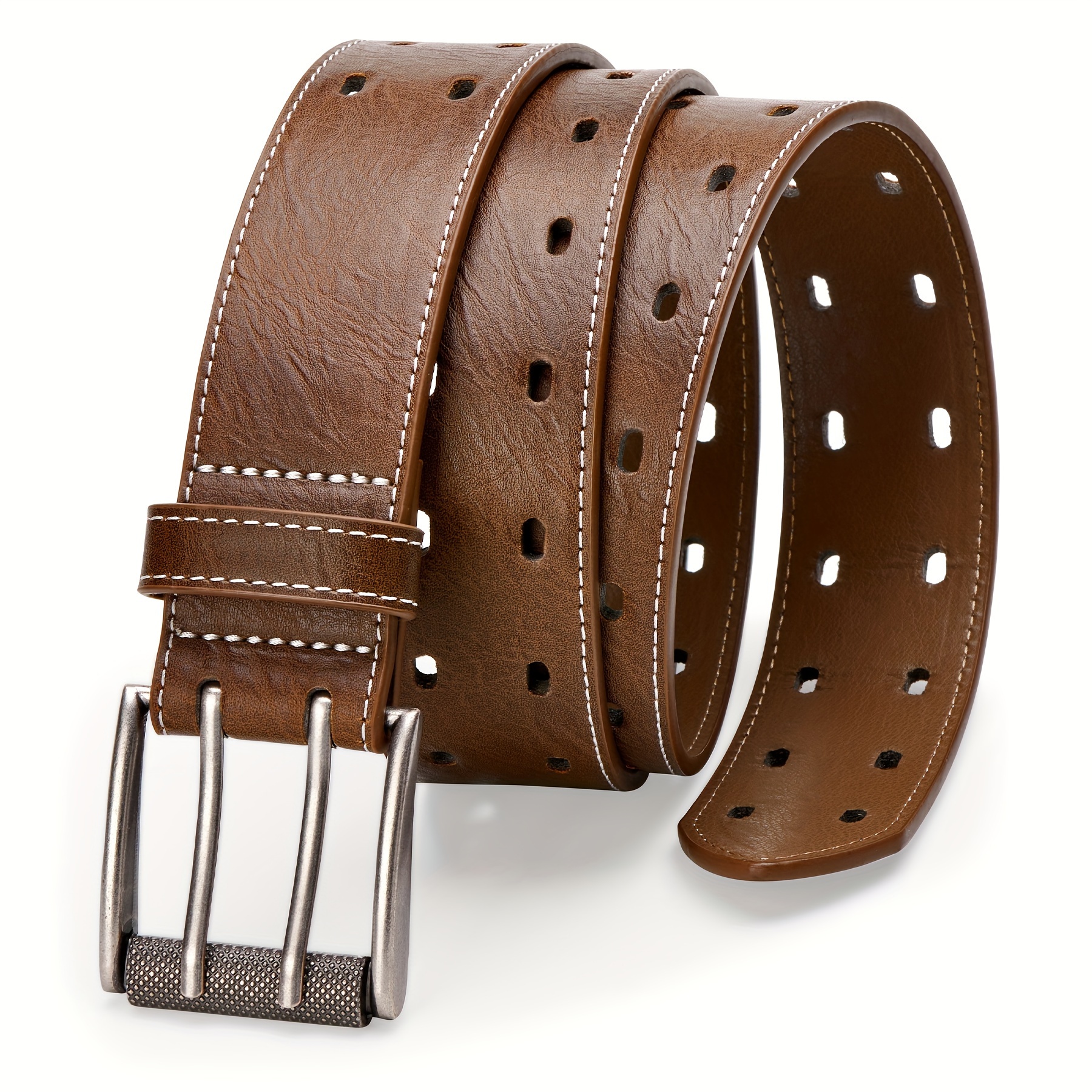 

Men's Pu Leather Double Prong Belt, Fashion Classic Casual Belt, Belts For Jeans Pants, Perfect Gift For Dad & Husband