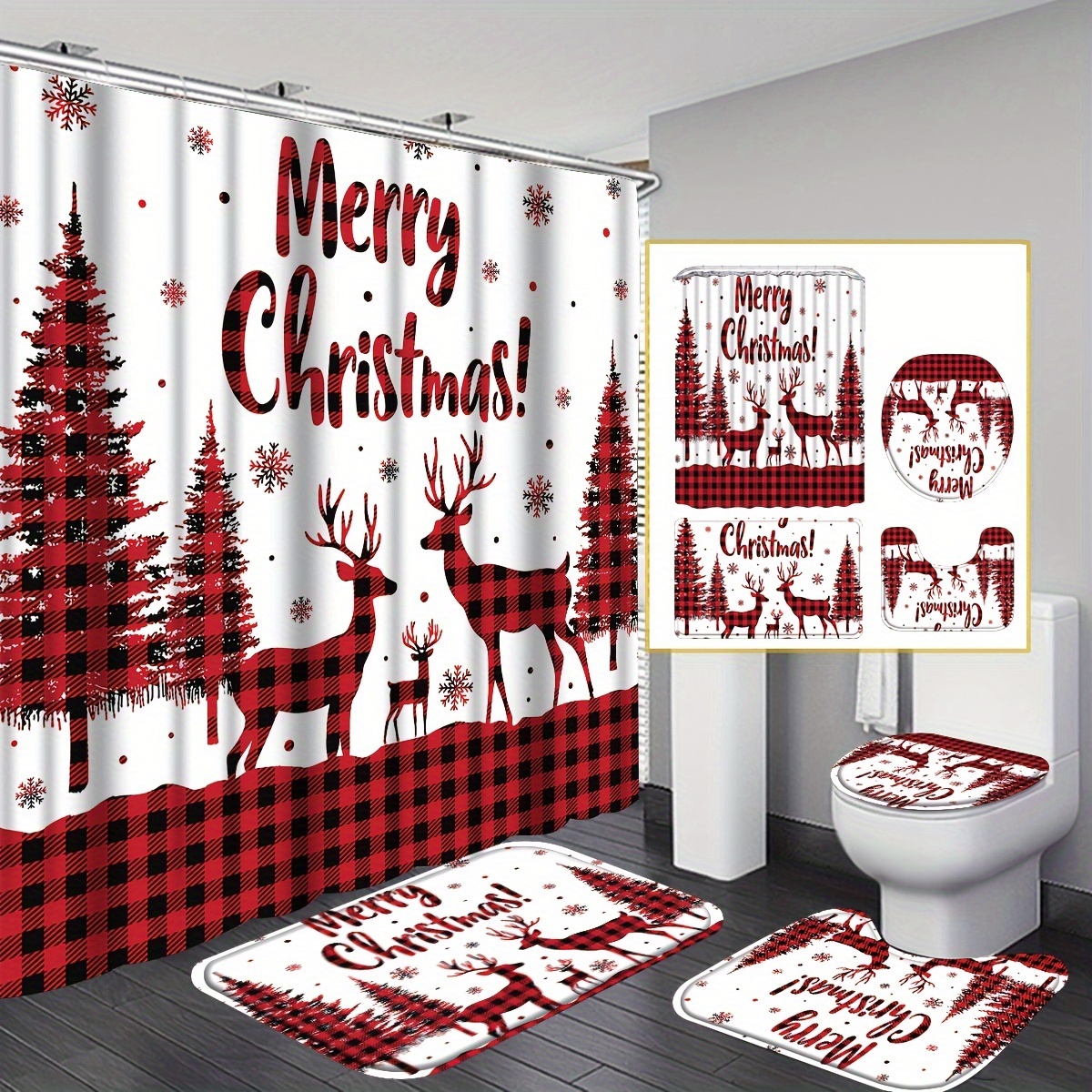 TEMU 4pcs Christmas Elk Shower Curtain Set, Shower Curtain With 12 Hooks, Non-slip Bath, Toilet , Toilet Lid Cover, Christmas Bathroom Decor With Red