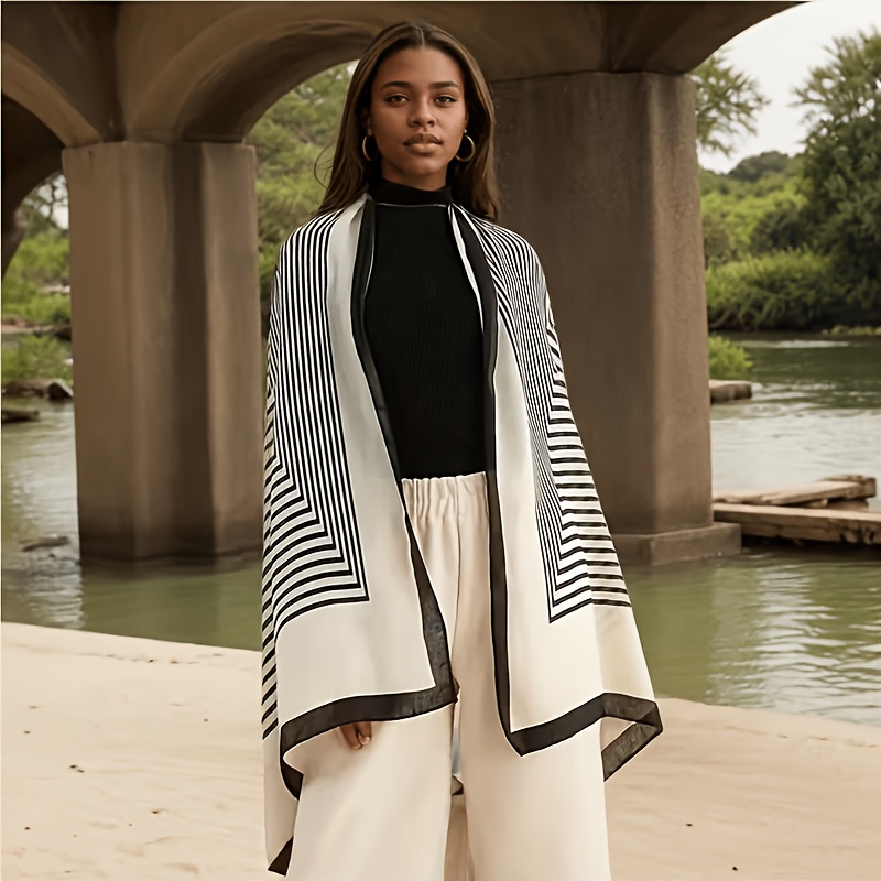 100% Mulberry Silk Bohemian Style Black And Beige Striped Scarf, Suitable for Outings, Decorative Apparel|Bohemian Style|Multifunctional Fashion