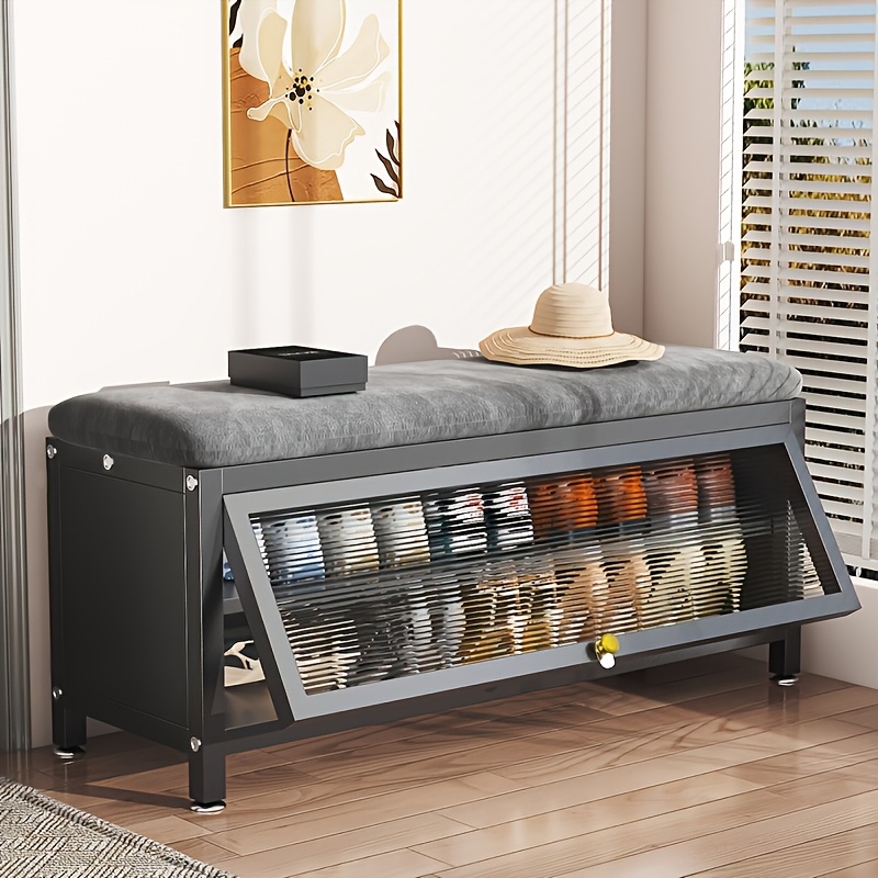 Shoe Changing Stool with Shoe Rack, Soft Stool, Shoe Cabinet/shoe Changing Stool That Can Hold Multiple Pairs of Shoes, Elegant Entryway Shoe Cabinet, Shoe Storage Solution, Carbon Steel Storage Stool, Black/cream White, for Home Entrance Passages