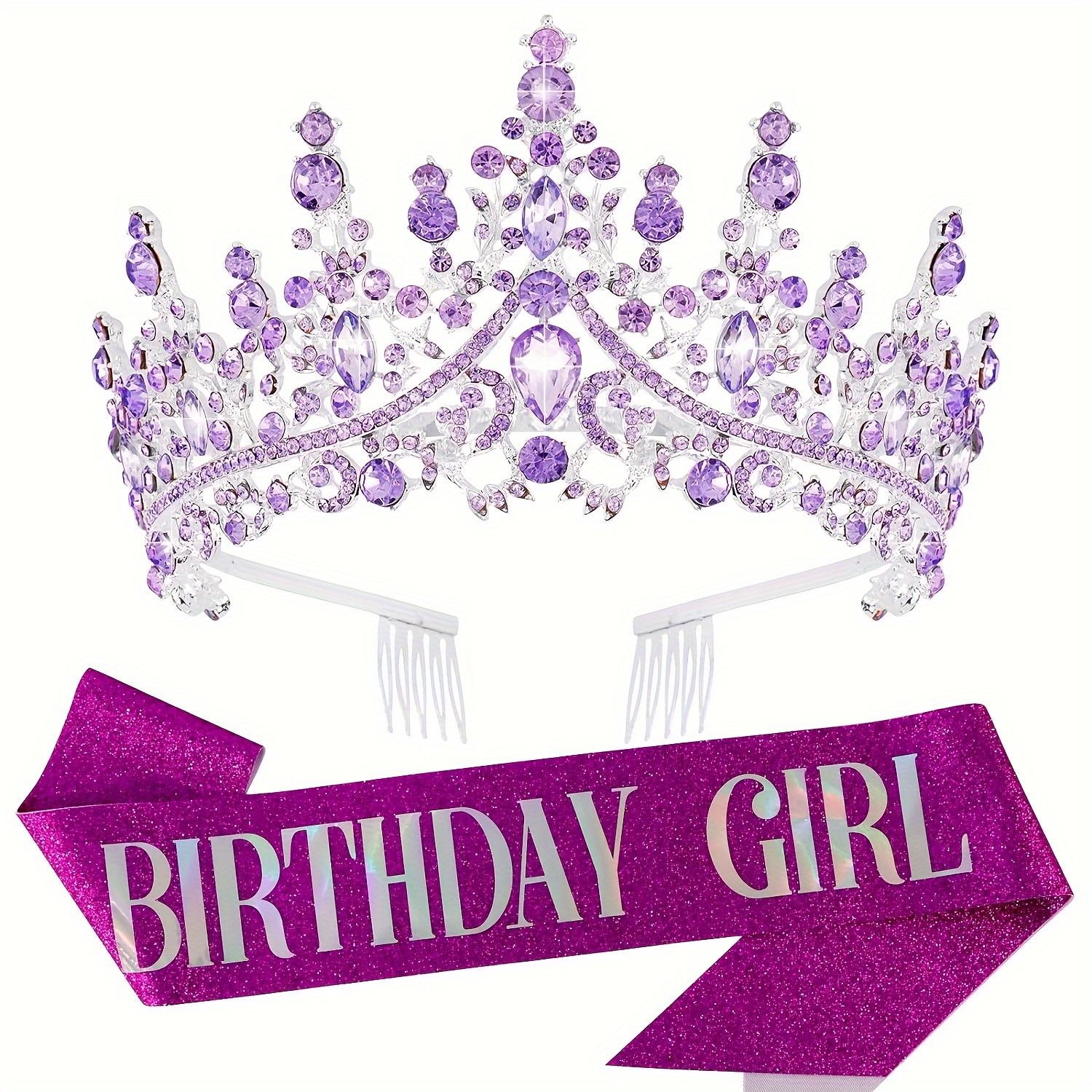 

Baroque Style Princess Crystal Birthday Crown & Glittering Sash Set - 2 Piece Tiara And Belt Combo For Happy Birthday Party Accessory - Perfect Gift For Daughter, Best Friend, Women