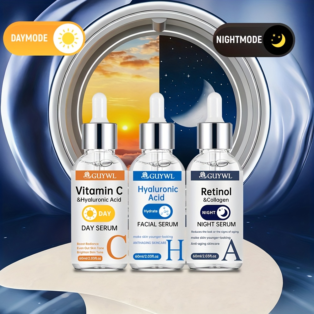 Le coffret 3 pièces de Guywl comprend des sérum de vitamine C, de rétinol et d'acide hyaluronique jour et nuit, associés au collagène, à l'acide tranexamique et à la niacinamide. Il éclaire le teint, raffermit la peau, hydrate en profondeur et uniformise le teint.