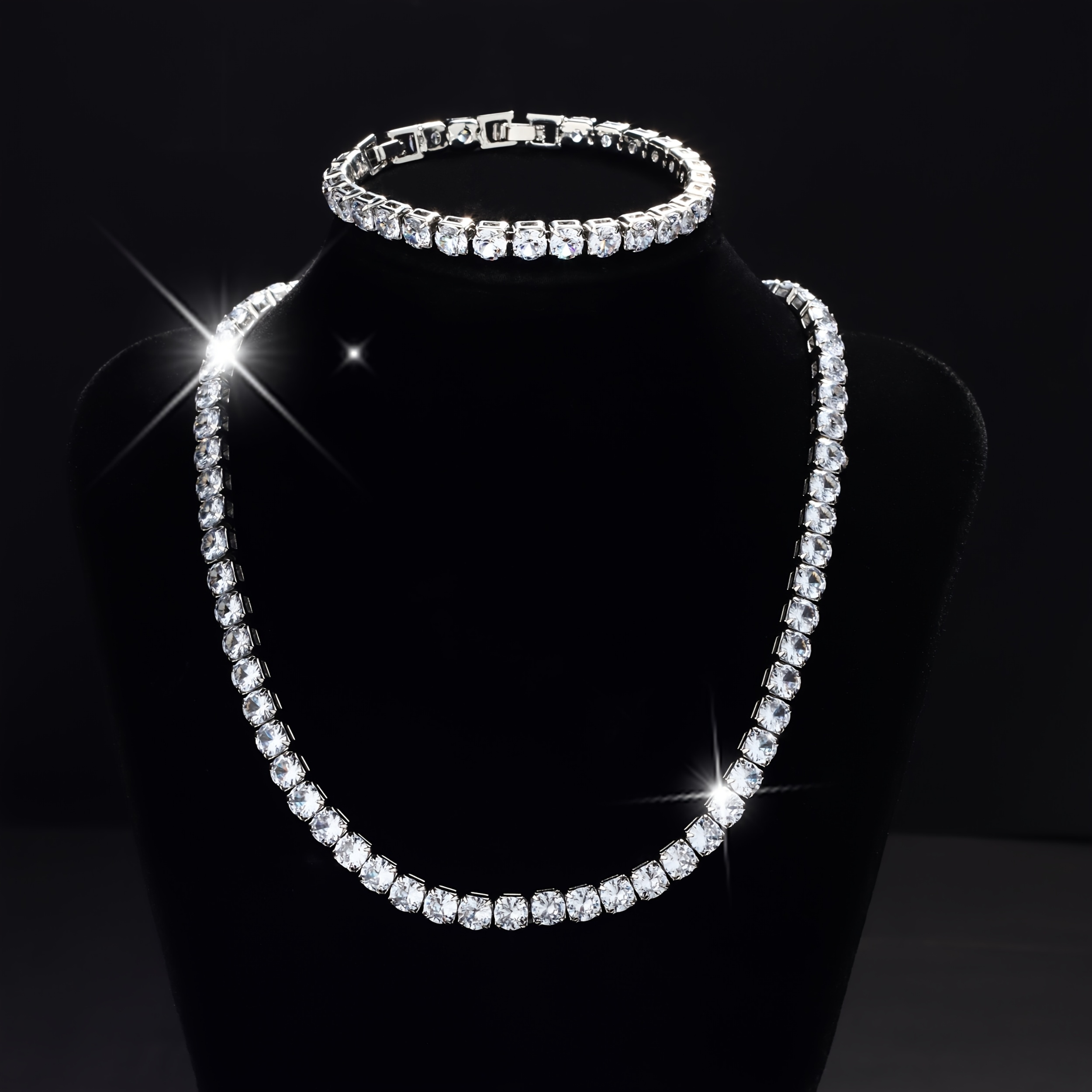 TEMU 2pcs Women's Fashion Tennis Necklace And Jewelry Set, Sparkling 6mm Round Synthetic Zirconia Inlaid, Unisex, Suitable For Daily Wear, Christmas, Thanksgiving, Valentine's Gift For Men And Women
