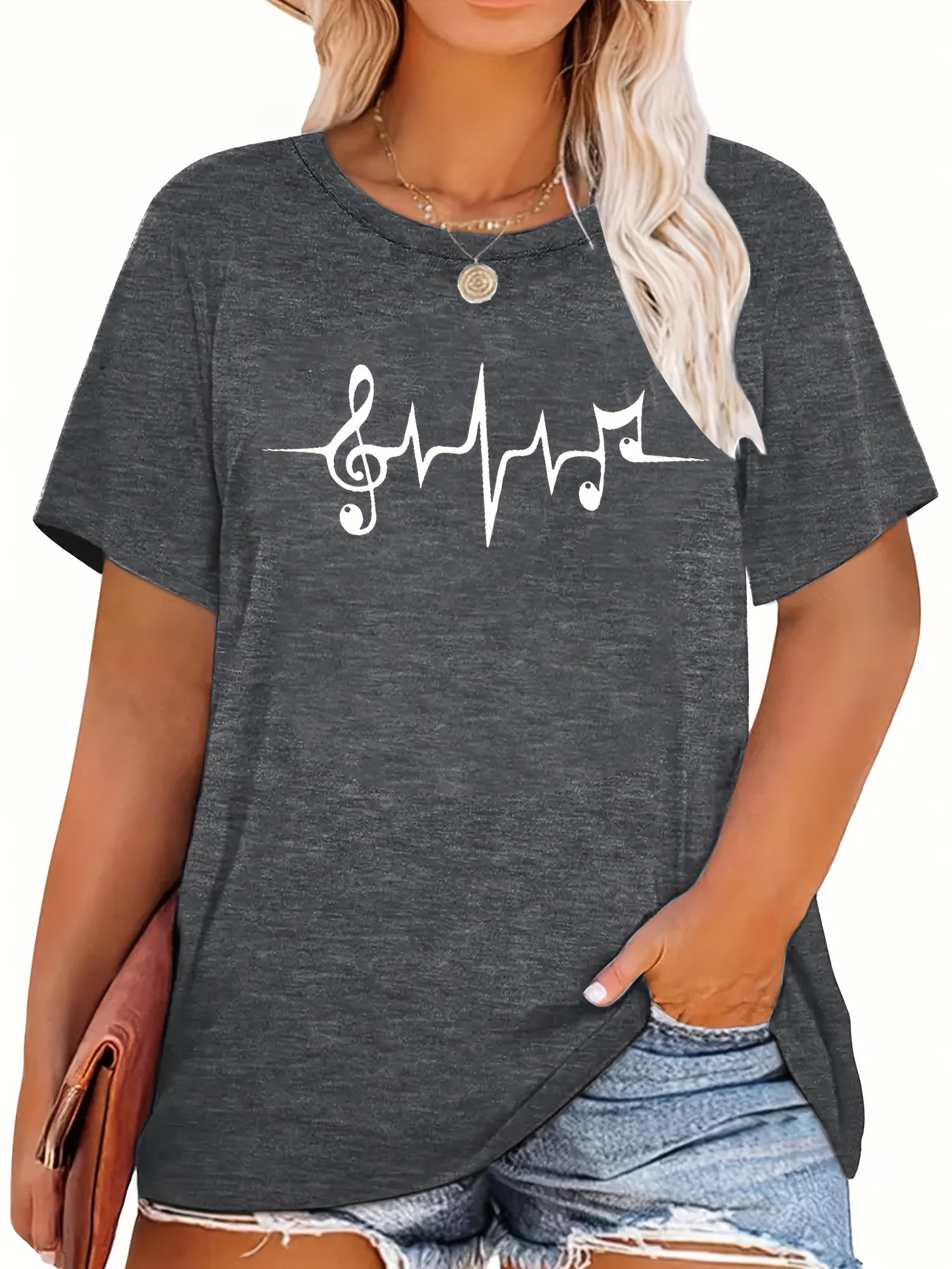 Plus Size Music Note Print T-shirt, Casual Short Sleeve Top For Spring ...