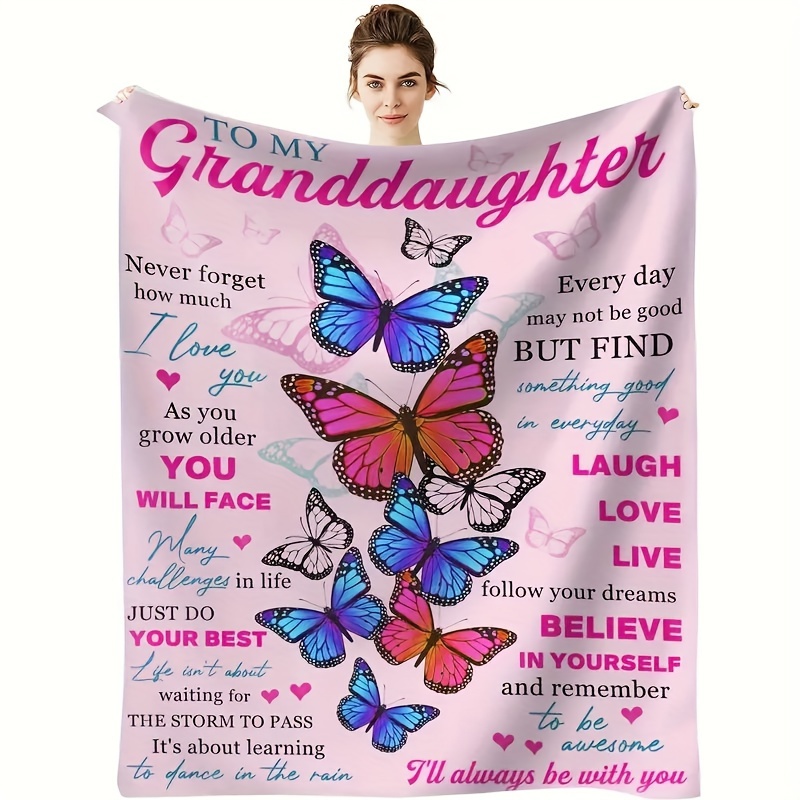 

1pc Butterfly Print Flannel Blanket, To My Granddaughter Blanket, Warm Cozy Soft Throw Blanket For Couch Bed Sofa
