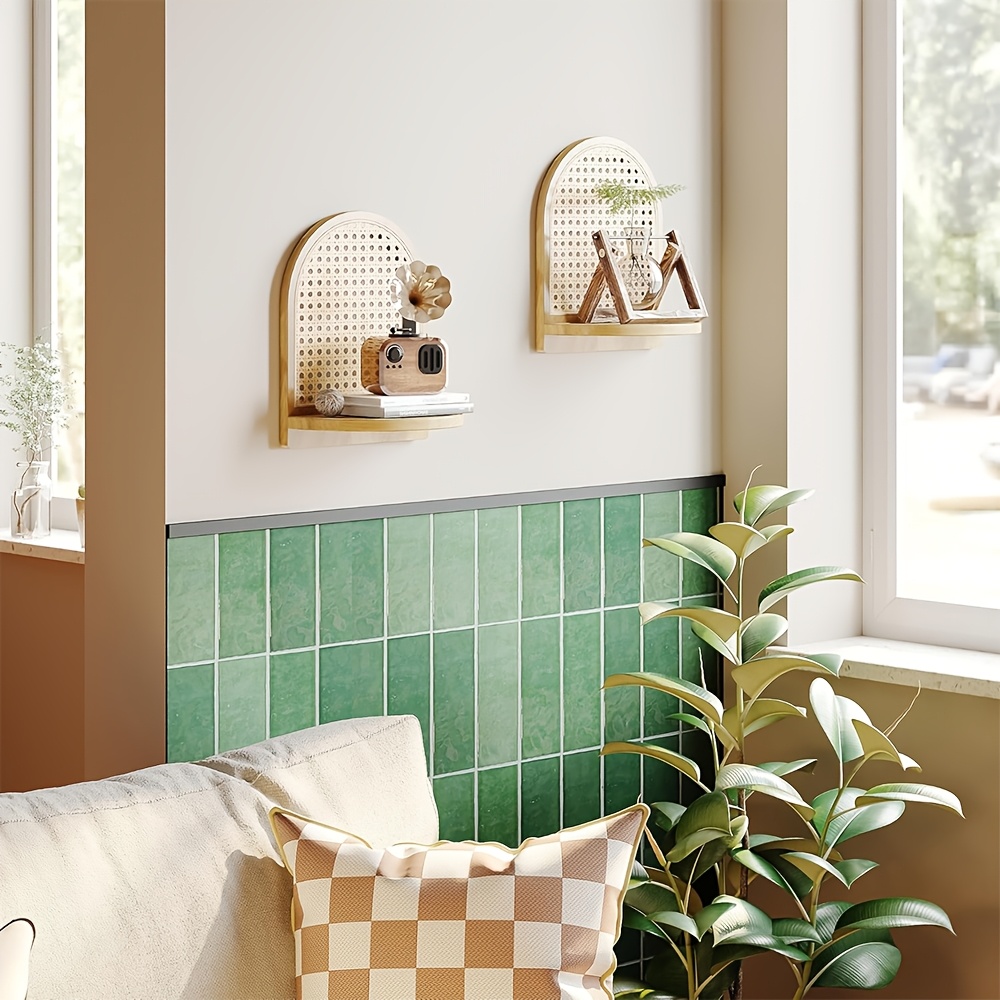 1pc Floating Shelf Natural Rattan Shelf with Wicker Trim Bohemian Wall Decor Niche Unique Design, Floating Shelves